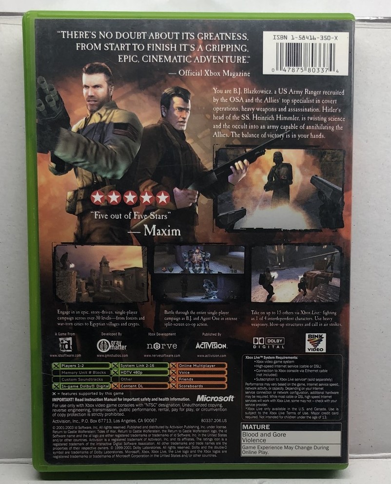 Return to Castle Wolfenstein: Tides of War (Xbox 2003) Complete Tested Free Ship