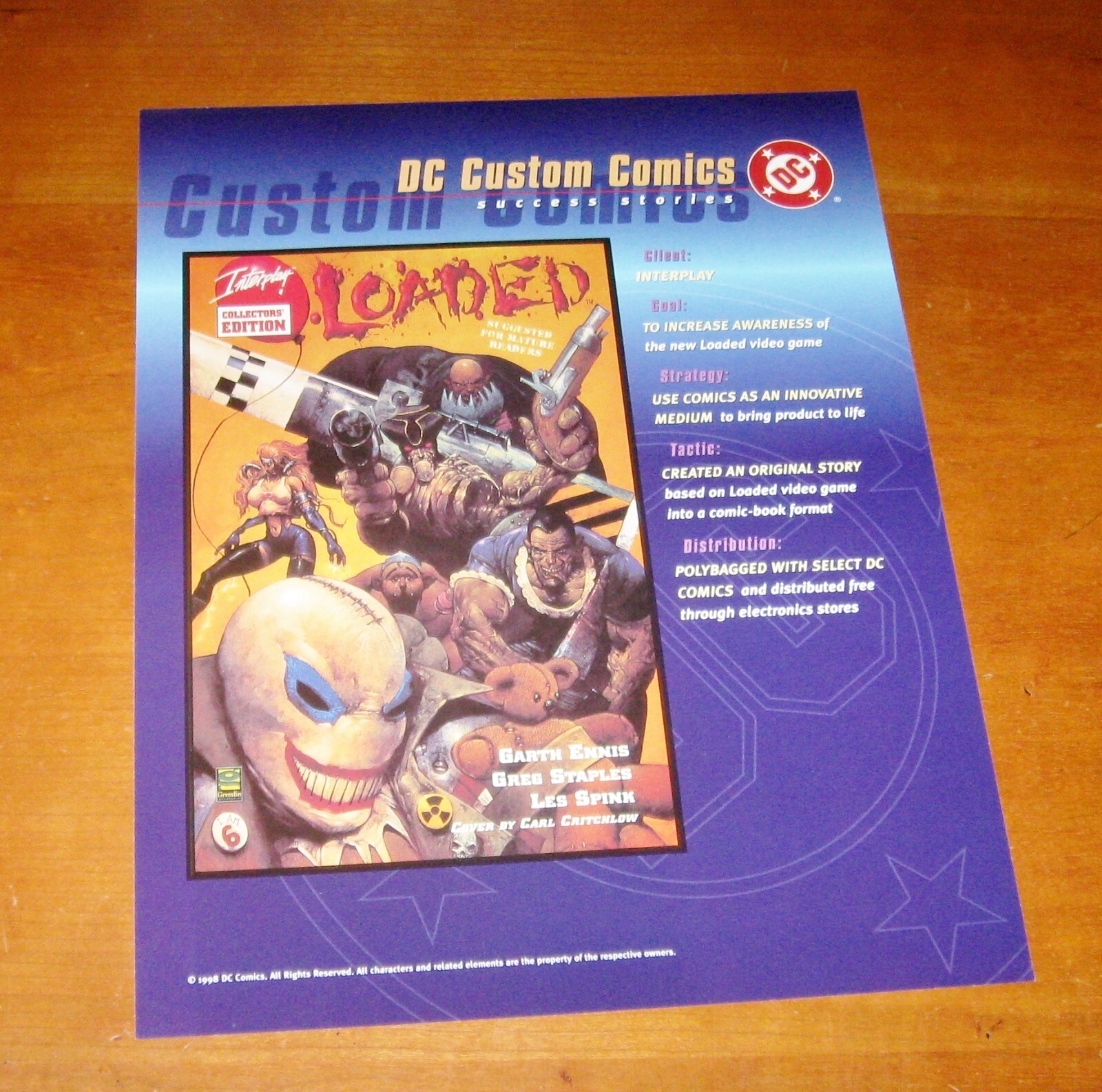 1998 Loaded Interplay Video Gamer Critchlow DC Custom Comic Marketing Sheet