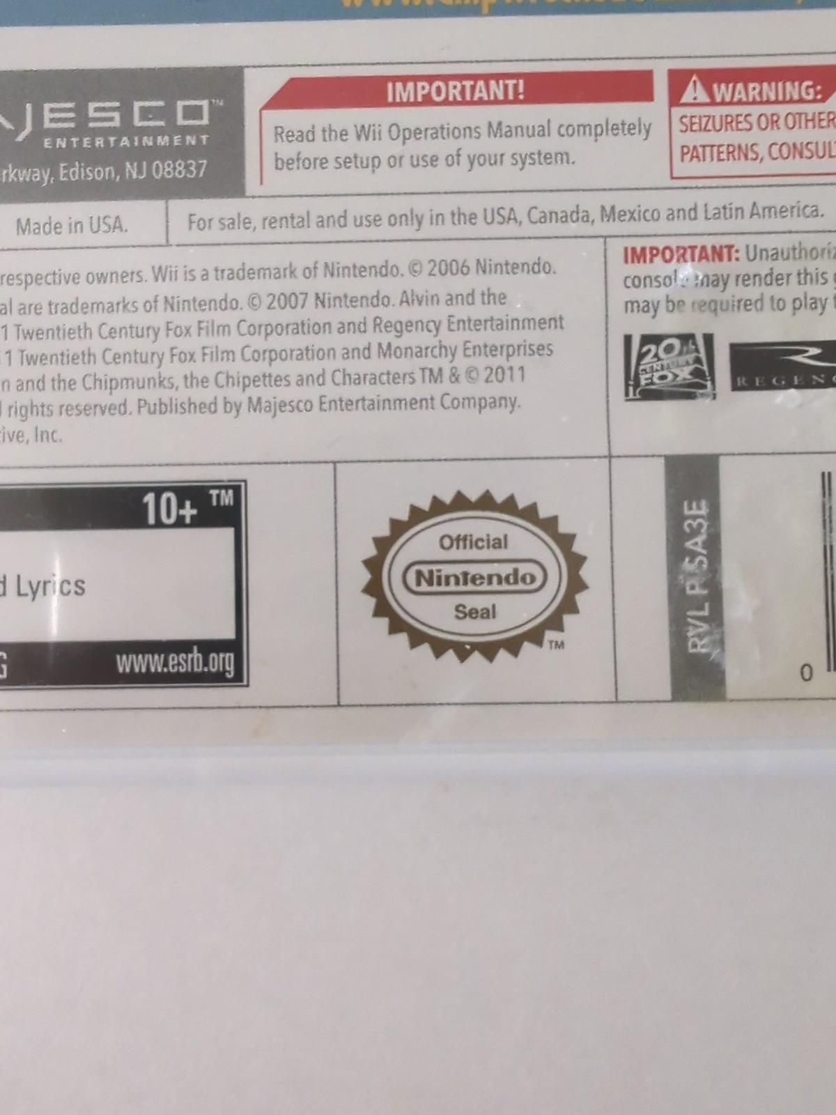 Alvin and the Chipmunks: Chipwrecked (Nintendo Wii, 2011) Missing Manual