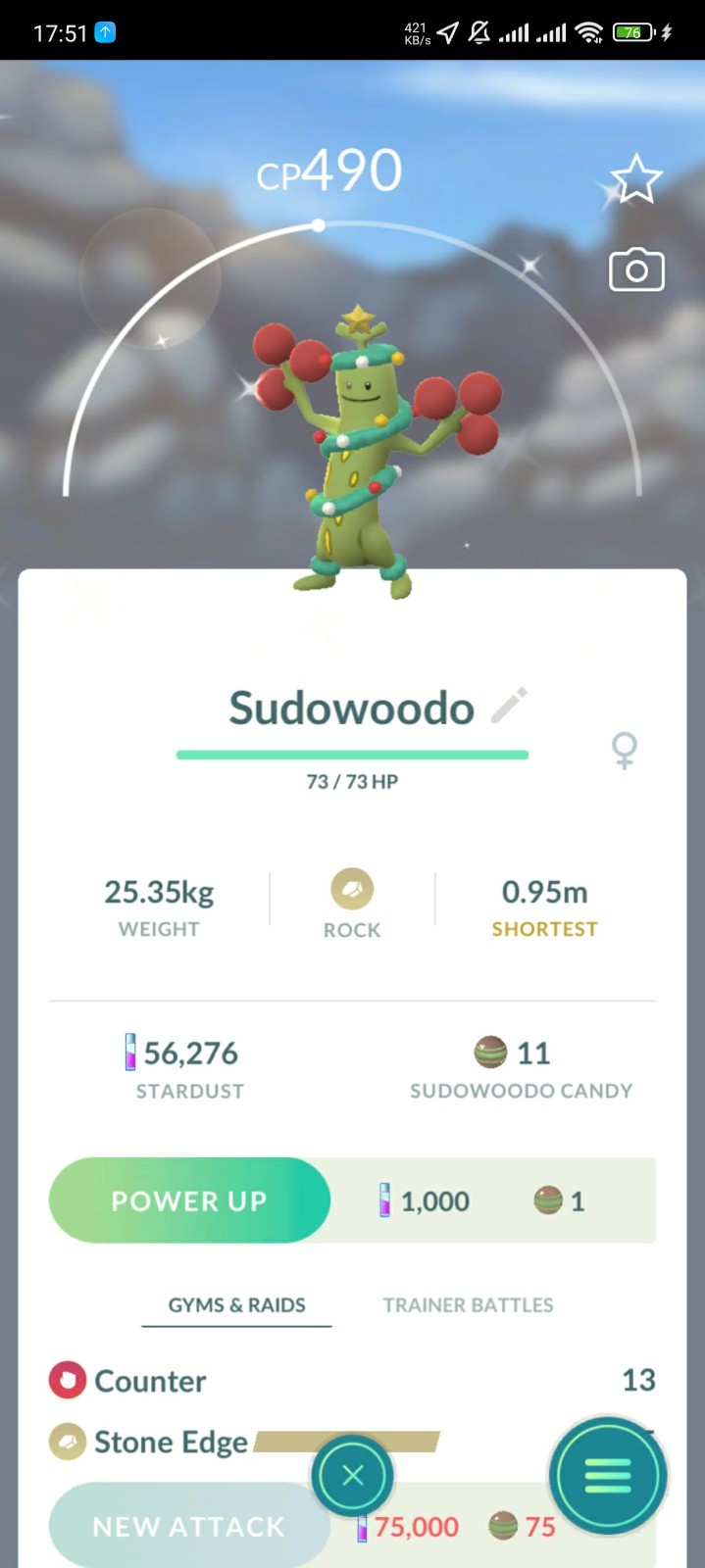 Shiny Sudowoodo Wearing Winter Attire – 20k Star.d – mini P T C