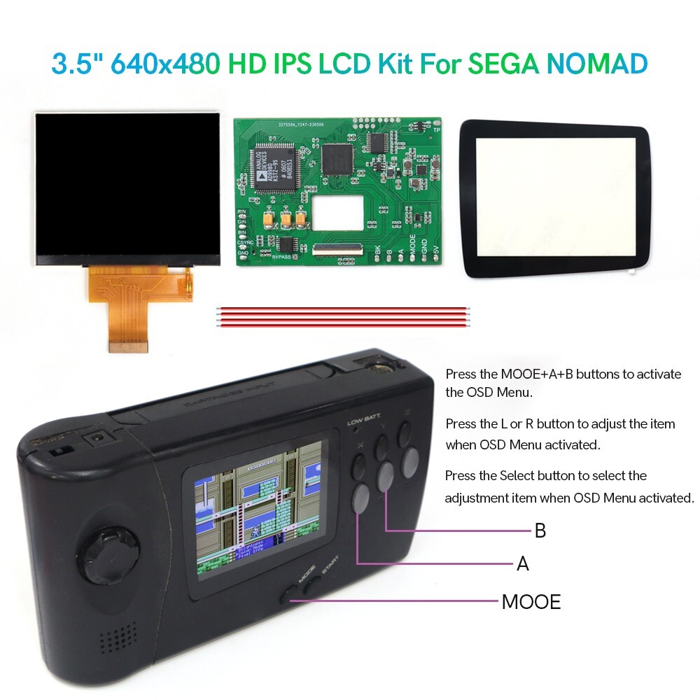 For Sega NOMAD of 3.5 Inches HD IPS High Light LCD Screen Modify Kits 640×480