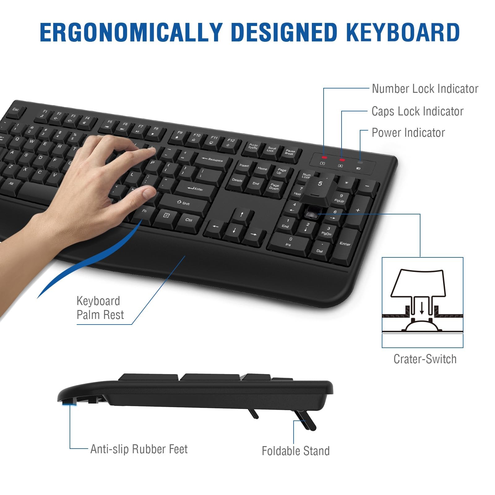 Wireless Keyboard and Mouse Combo, EDJO 2.4G Full-Sized Ergonomic Black