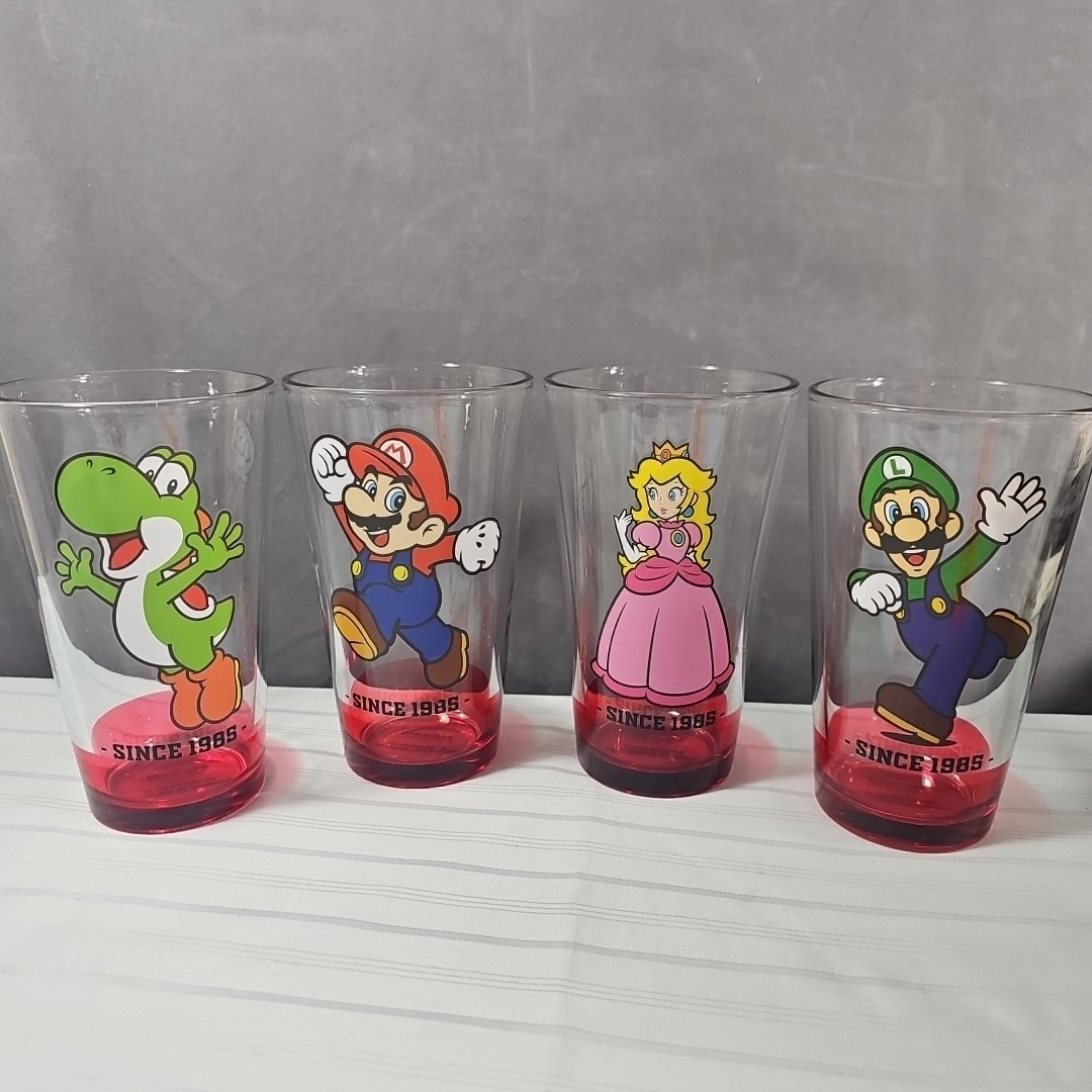 Super Mario Collectible 4pc. Pub Style Glass Cups Set 16oz Pint Gamestop Special