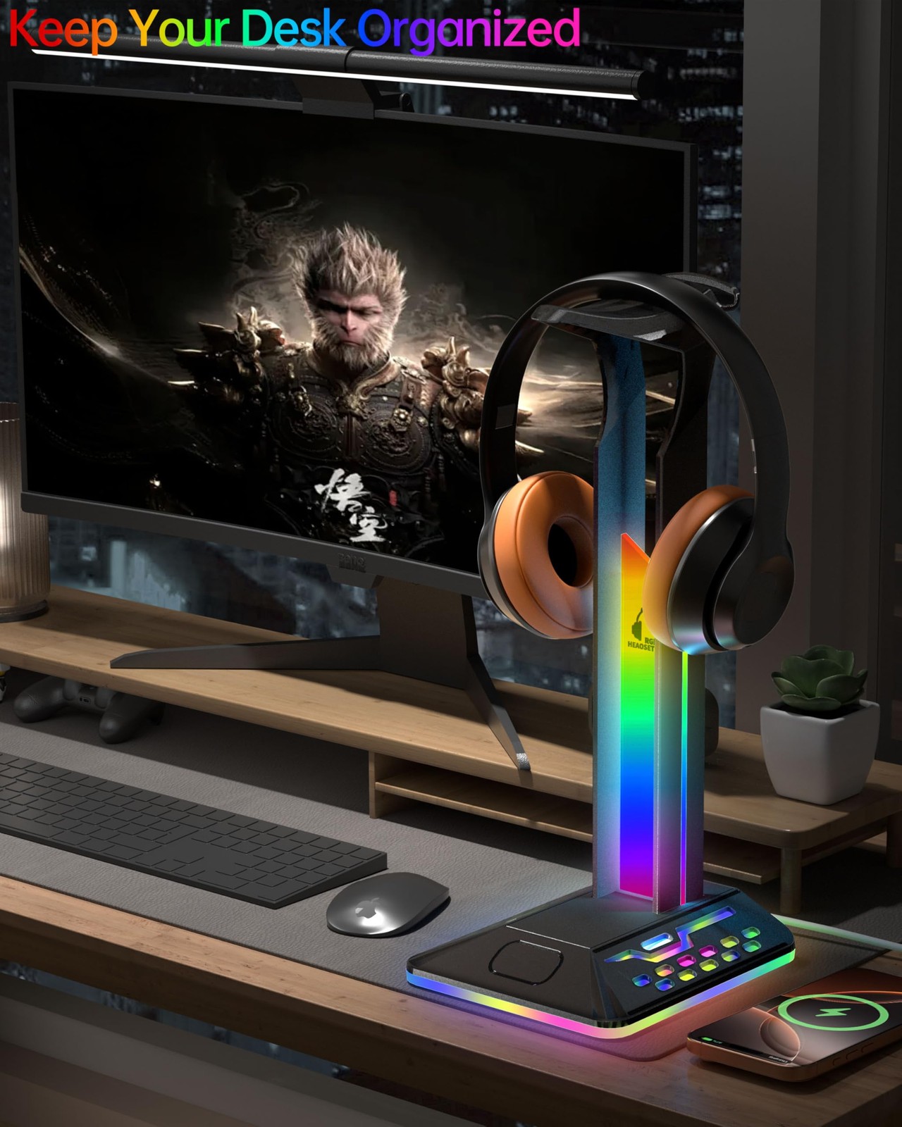 RGB Headphone Stand with 2 USB 2.0 Extension Charging Port Extender Cord,Desk…