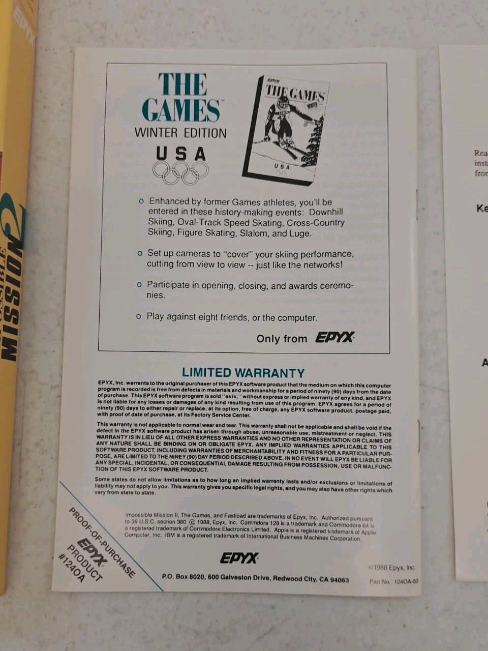 No Disk! Epyx Impossible Mission 2 Box-Manual-Command Card-1988 Commodore Amiga