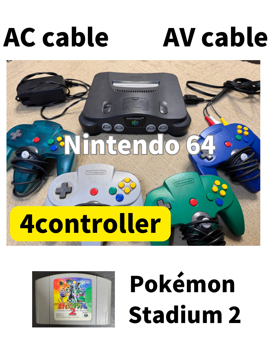 Nintendo 64 Console Bundle – 4 Controllers & Pokémon Stadium 2!- Fully Tested!