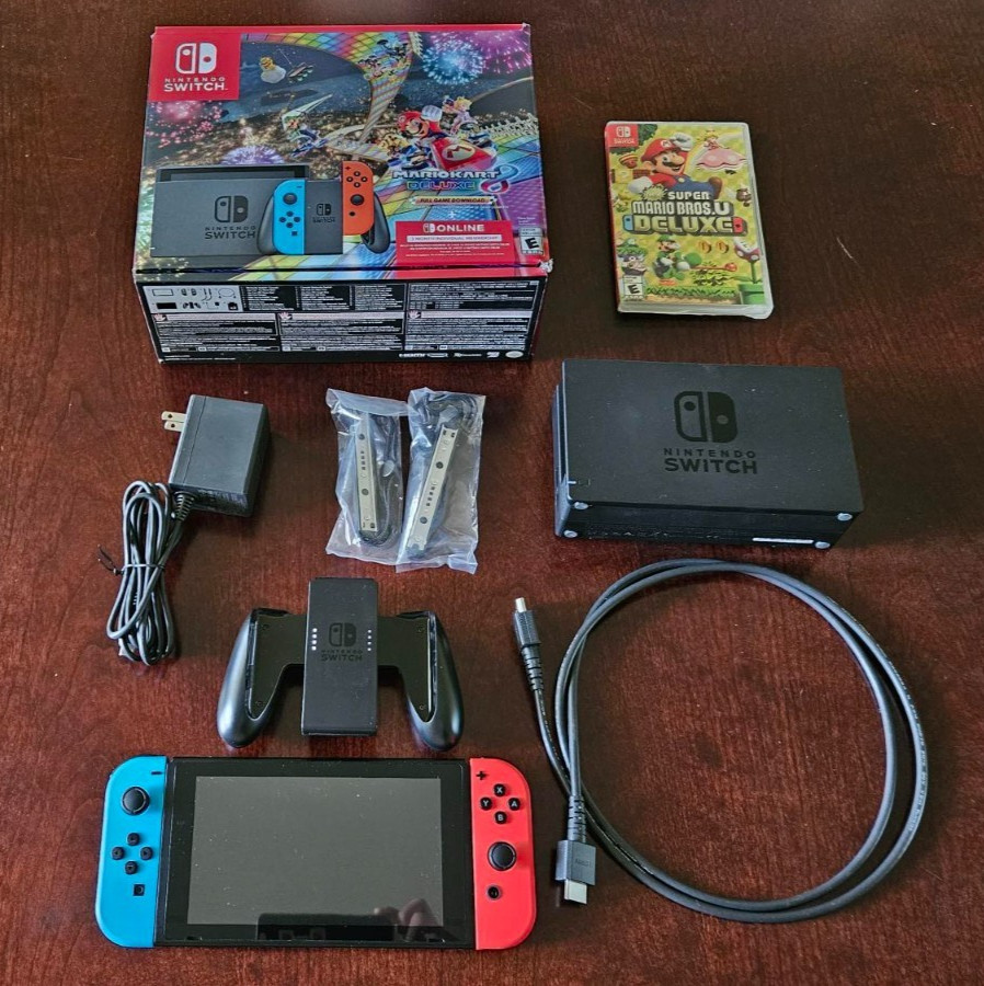 Nintendo Switch with Blue and Red Joy-Con Controllers and Mariokart 8 & More