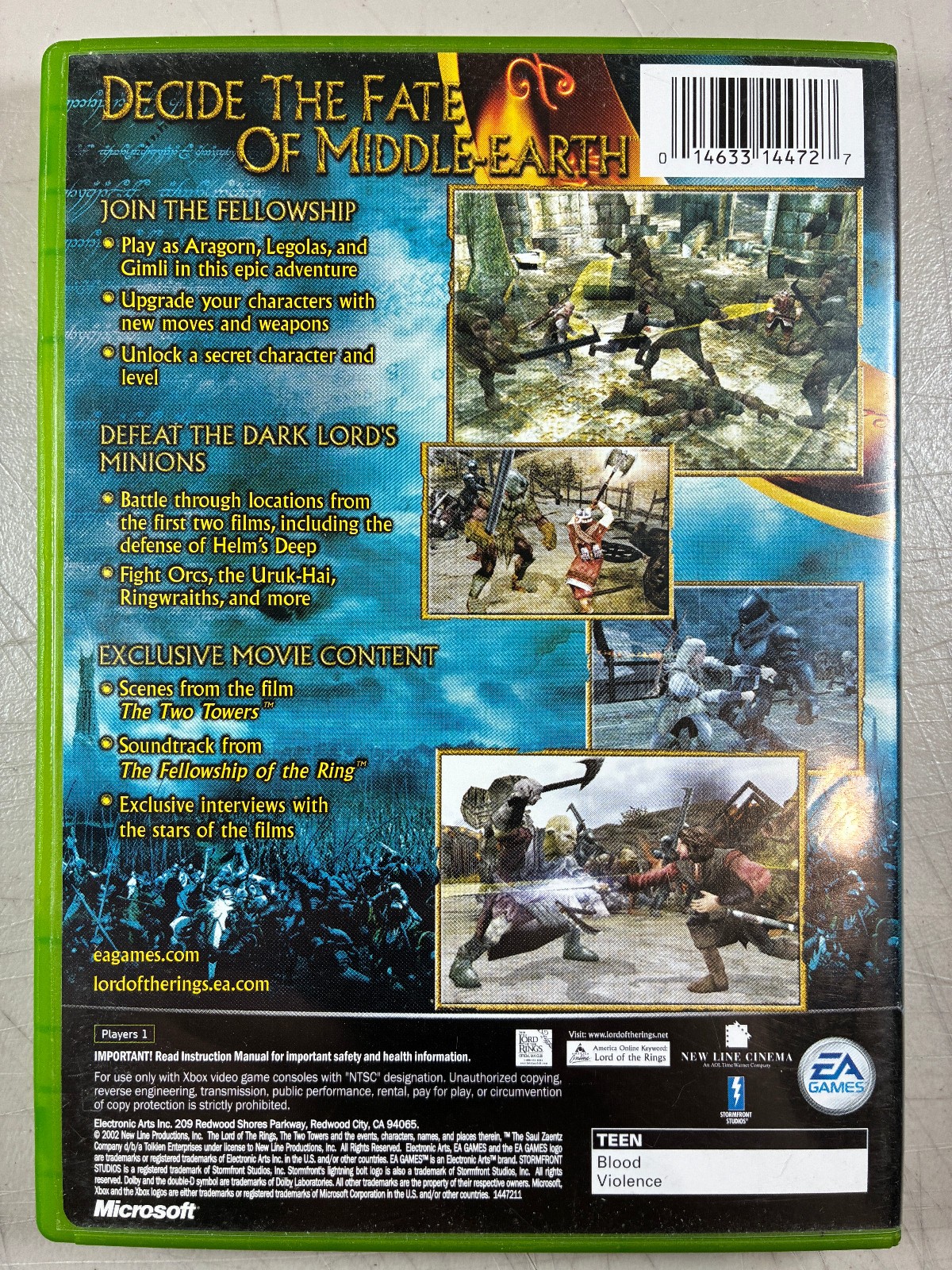 Xbox Lord of the Rings The Two Towers Video Game Rated T Teen No Manual