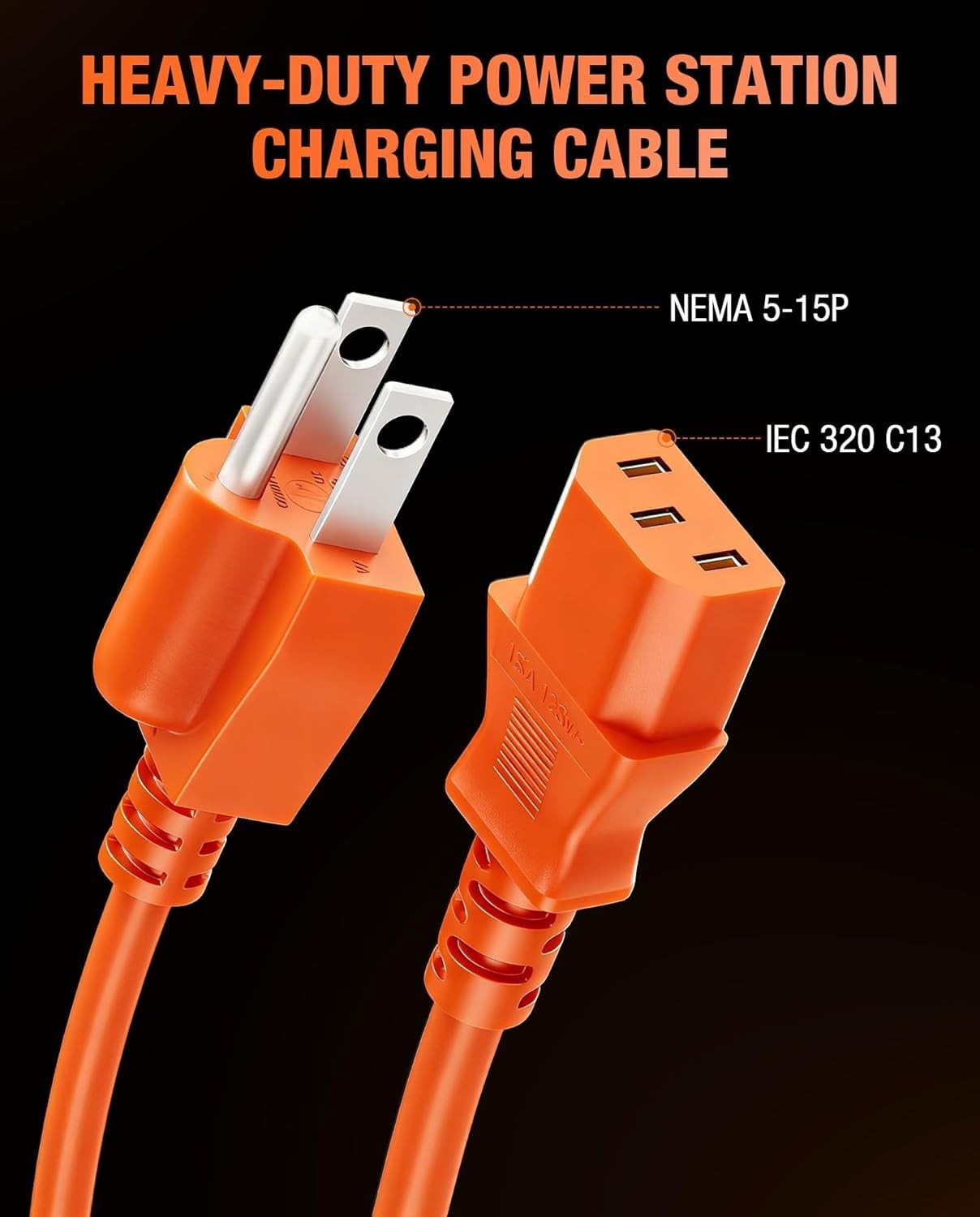 16FT Orange AC Power Cord with Male-Female Connector for Versatile Compatibility