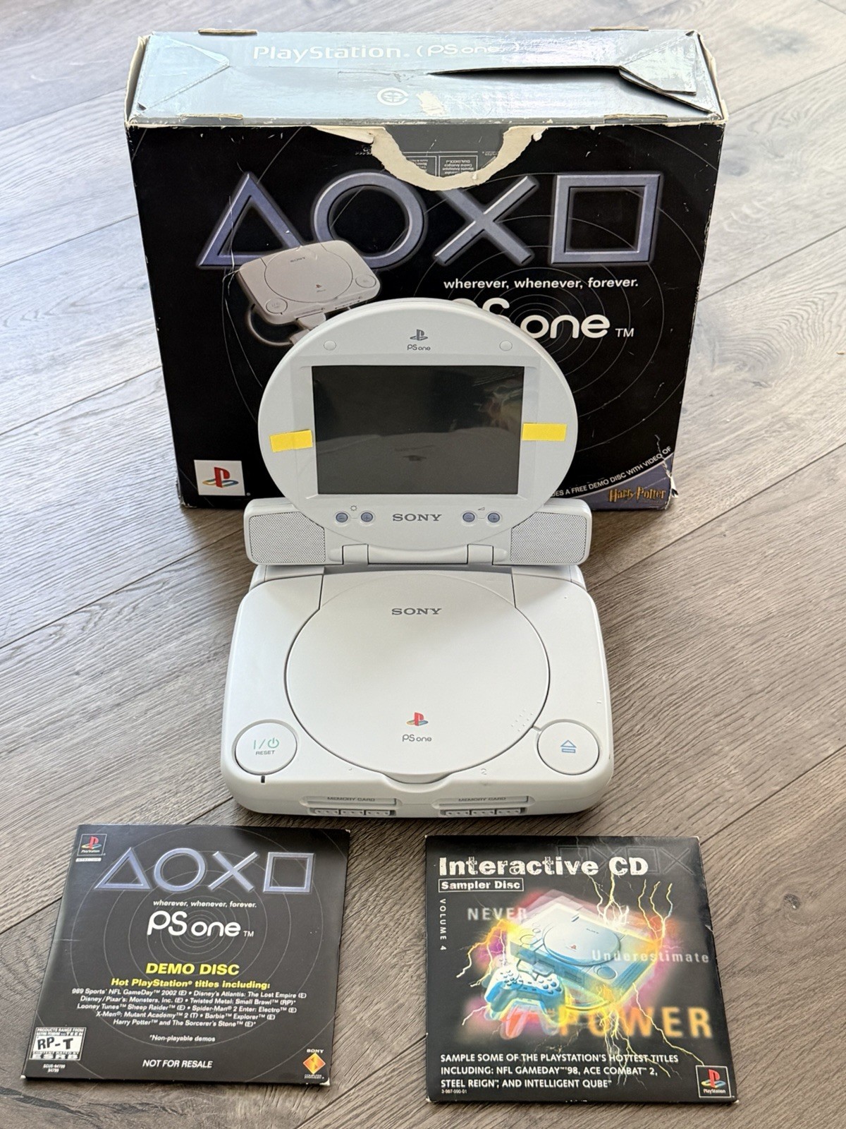 PSOne Console w/ LCD Screen + Box + Demo Discs TESTED & WORKS NWOB OPEN BOX