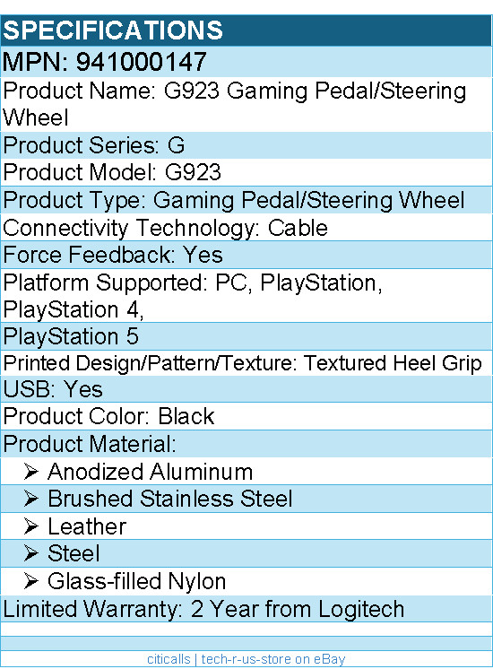 Logitech 941000147 G923 Gaming Pedal/Steering Wheel – Cable – USB – Black