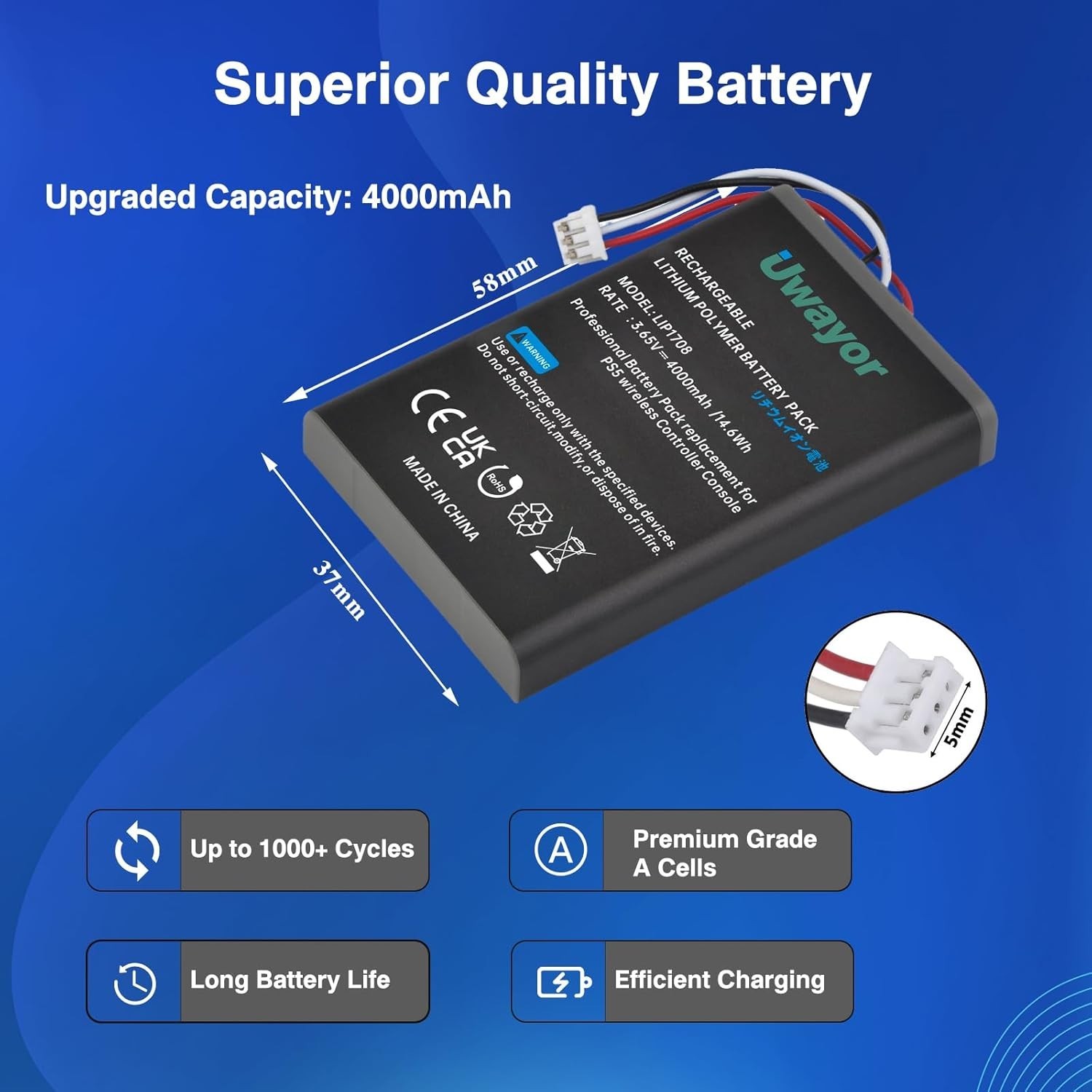 PS5 Controller Battery, 4000mAh LIP1708 PS5 Battery Replacement 2 Pack for Sony