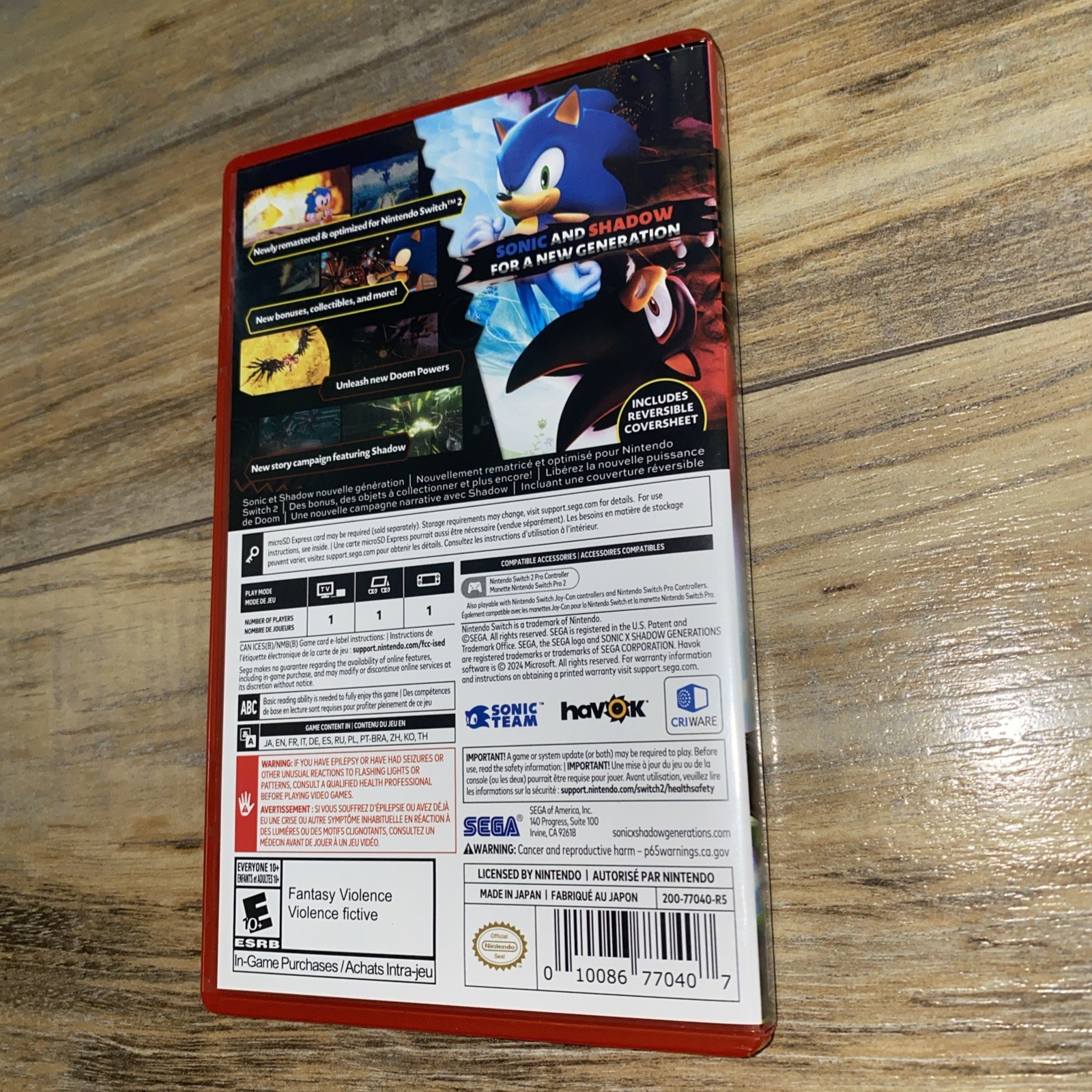 Sonic X Shadow Generations (Nintendo Switch 2) CASE ONLY NO GAME IS INCLUDED