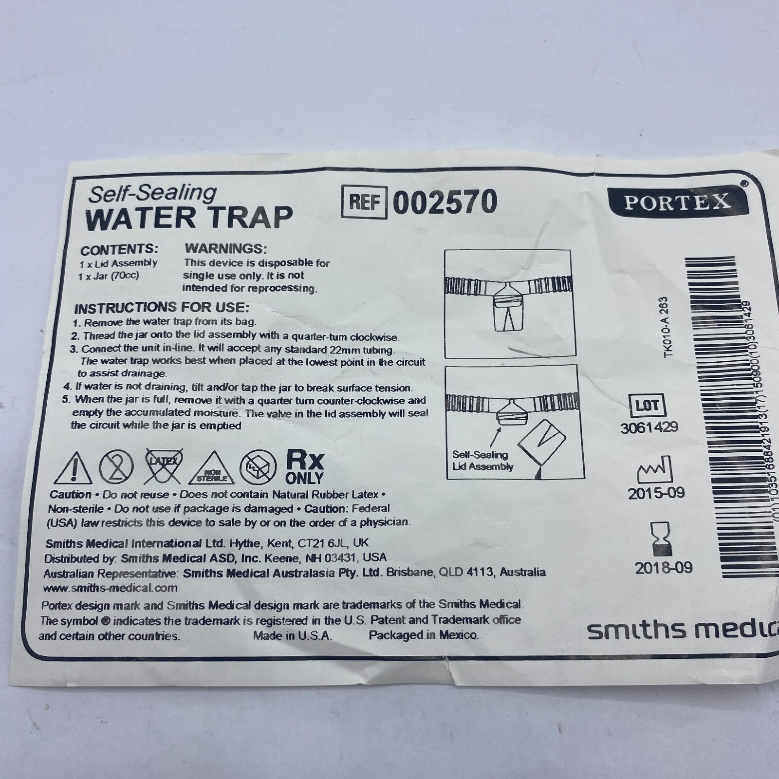 LOT OF 3 SMITH MEDICAL DISPOSABLE PORTEX WATER TRAP SELF SEALING 00257 ⭐