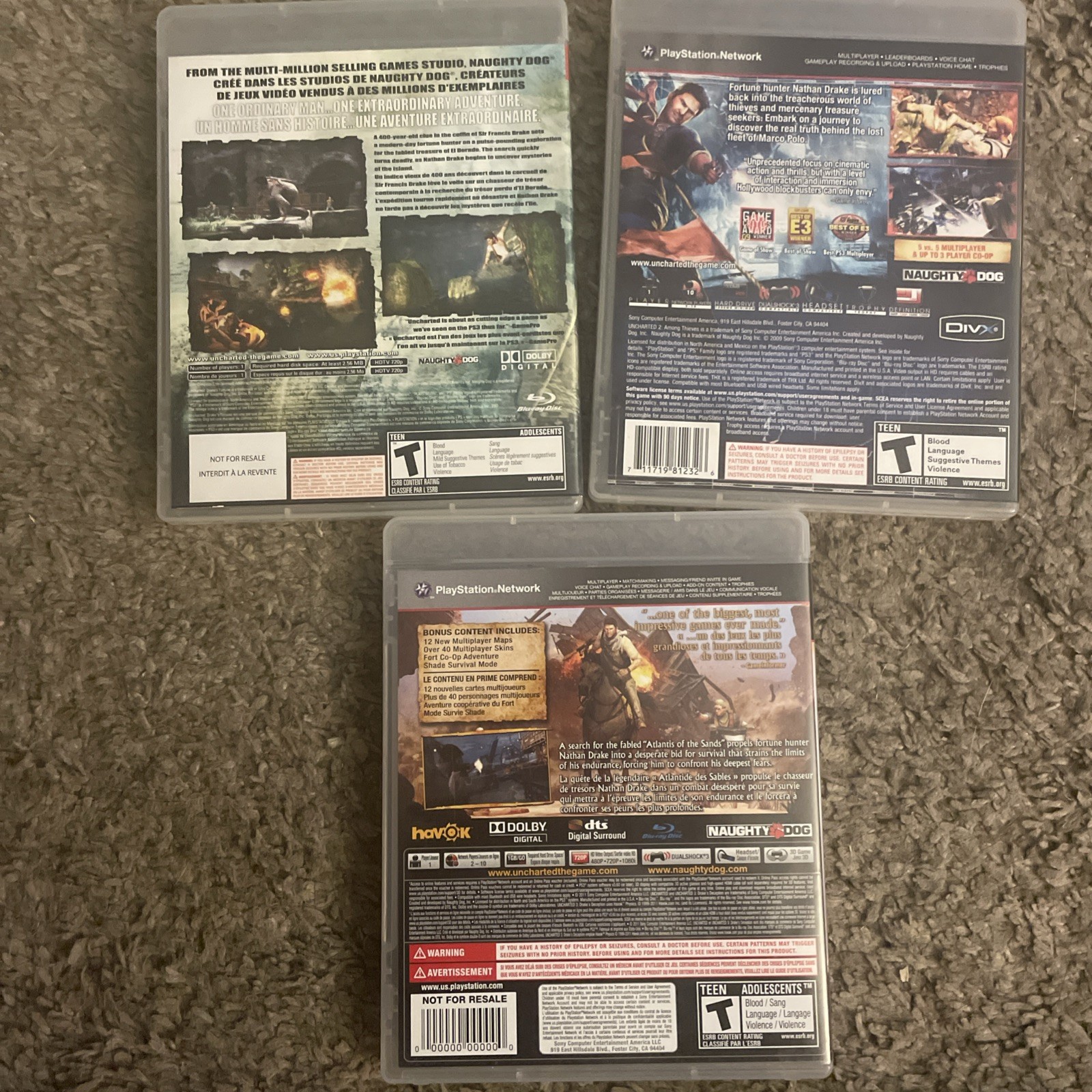 Uncharted 1 2 3 PlayStation 3 gently used trilogy fast ship!