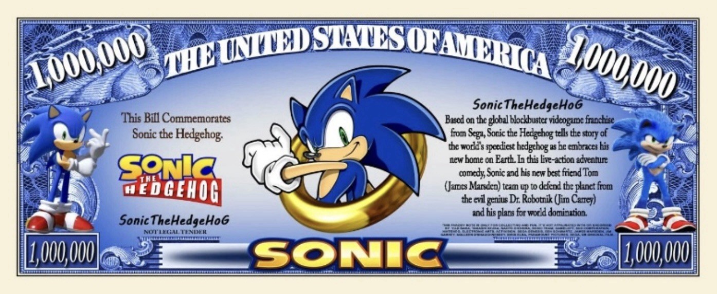 100 Pack Sonic The Hedgehog Game Money Collectible Novelty 1 Million Dollar Bill