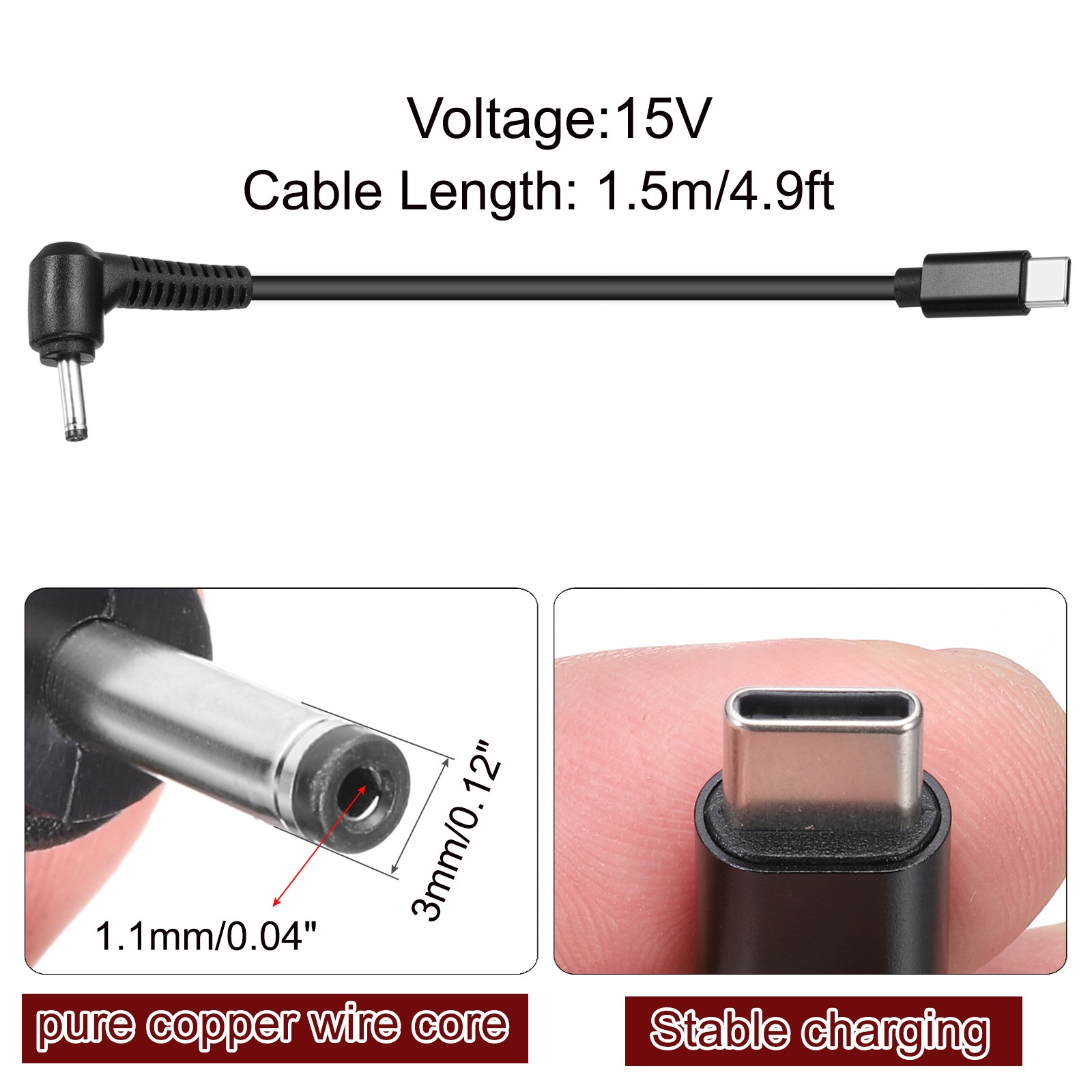 4.9FT USB C to DC PD Power Fast Charging Cable, 3mmx1.1mm 45W/15V(Black)