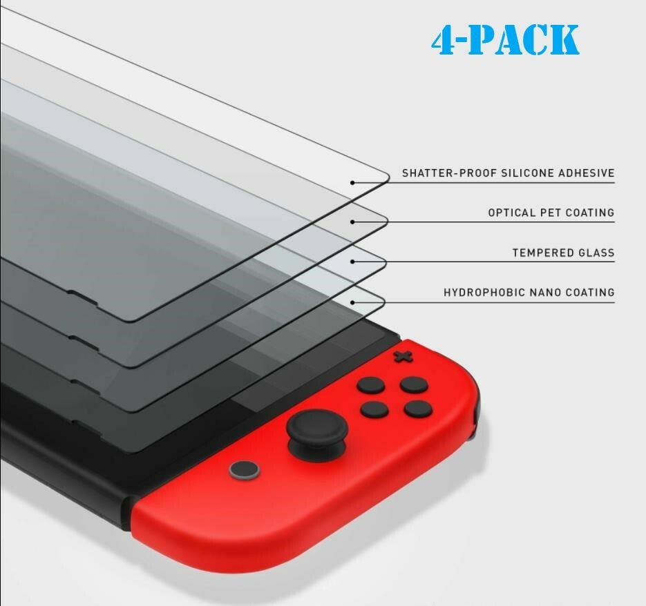 (4 Pack) Nintendo Switch Premium 9H Tempered Ultra Clear Glass Screen Protector