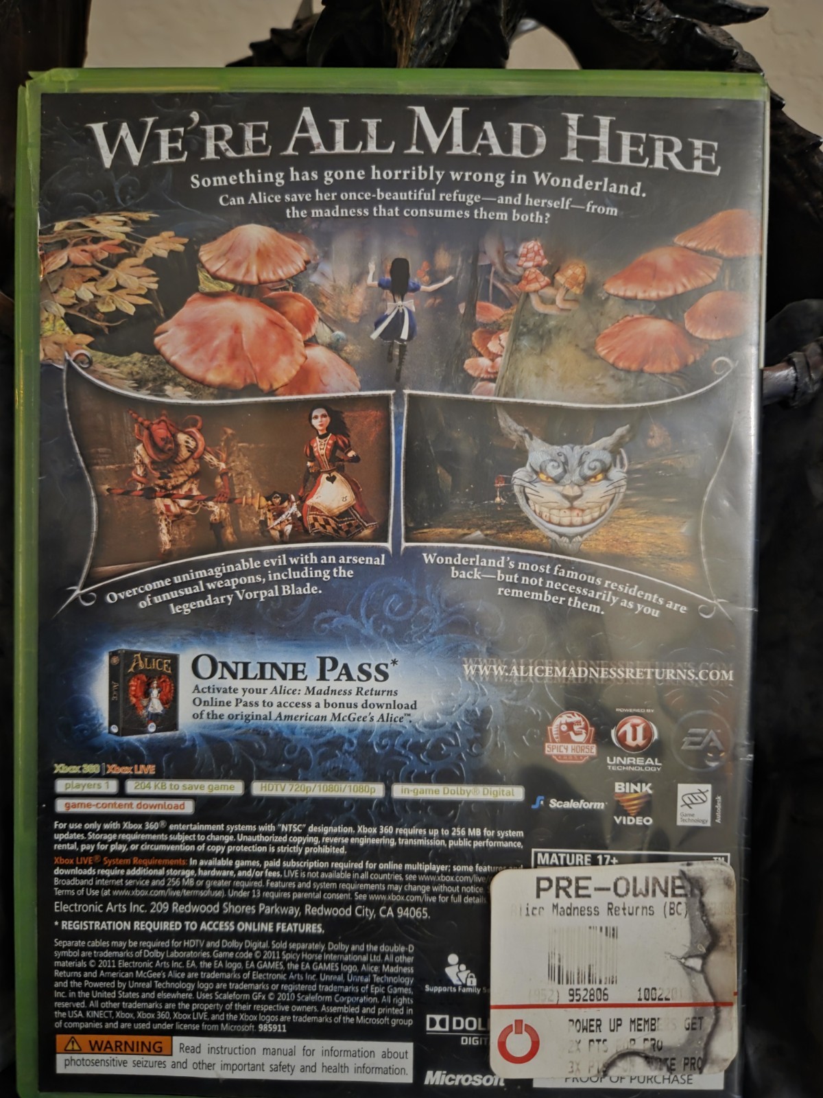 Alice Madness Returns Microsoft Xbox 360, CASE ONLY