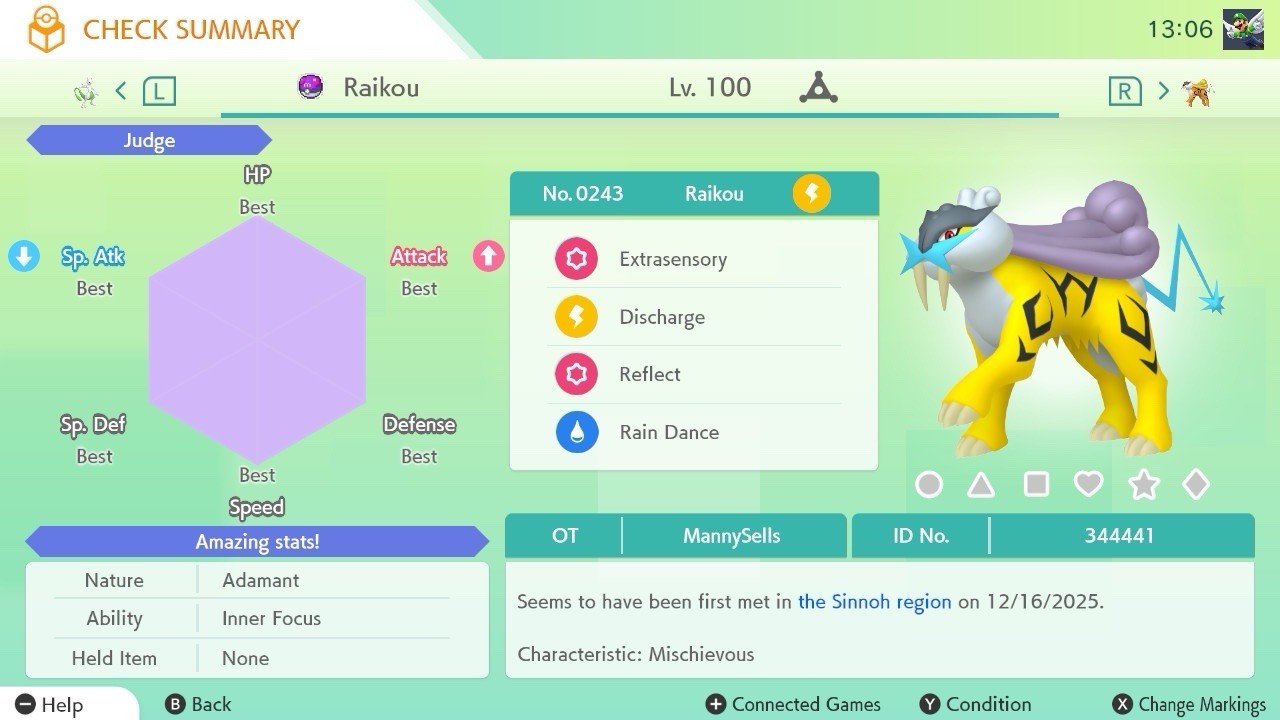 BDSP Caught Legendaries Shiny/Non Shiny, 6IV, Level 100, EVs 6HP 252ATK 252SPE