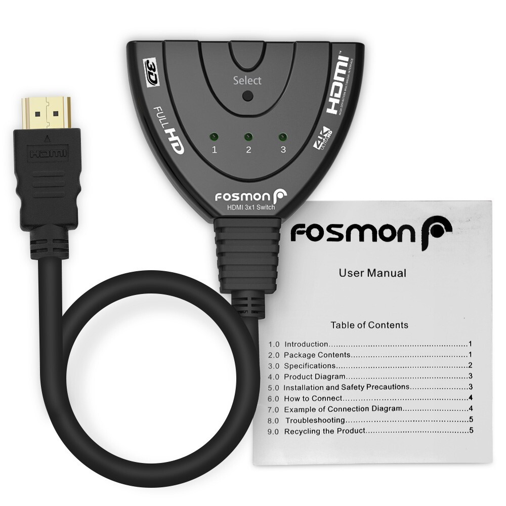Fosmon 3×1 3 Port Gold Plated 4K UHD 3D High Speed Braided HDMI Switch Plug