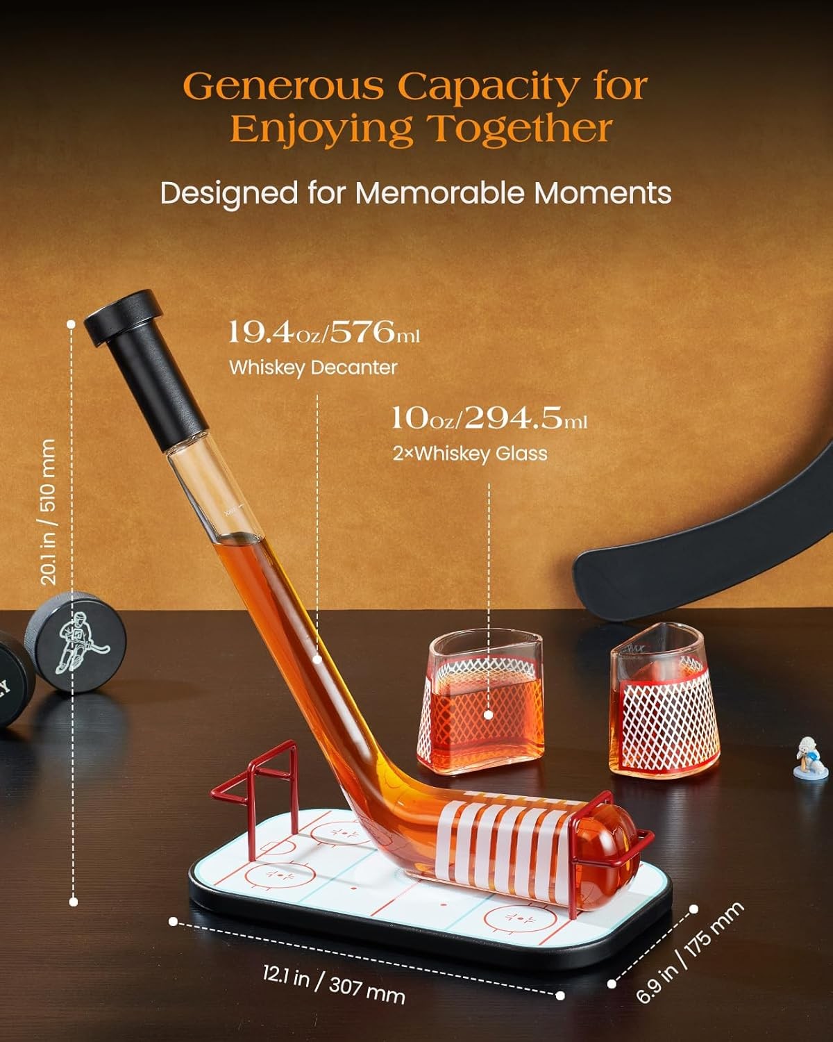 Gifts Men – Ice Hockey Whiskey Decanter Set W/ 2 Hockey Goal Glasses Unique Ice