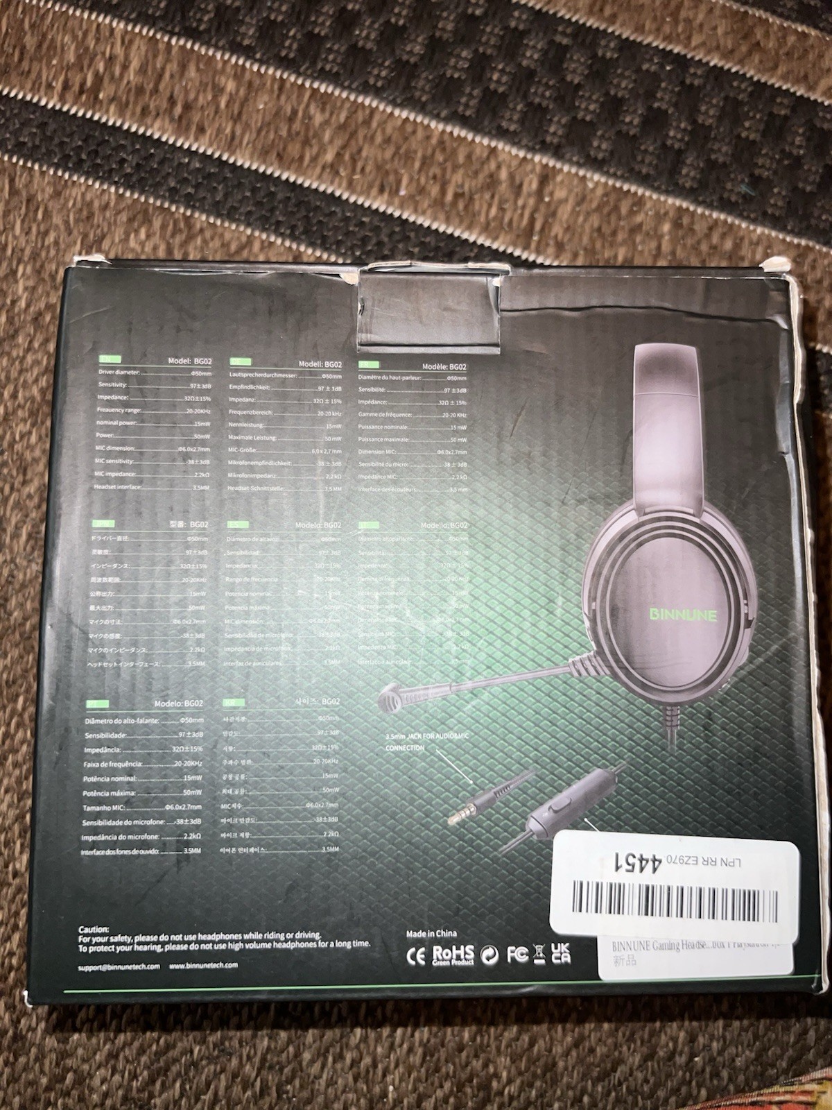 BINNUNE BG02 Gaming Headset Black Boom Microphone 3.5mm Jack Volume Control
