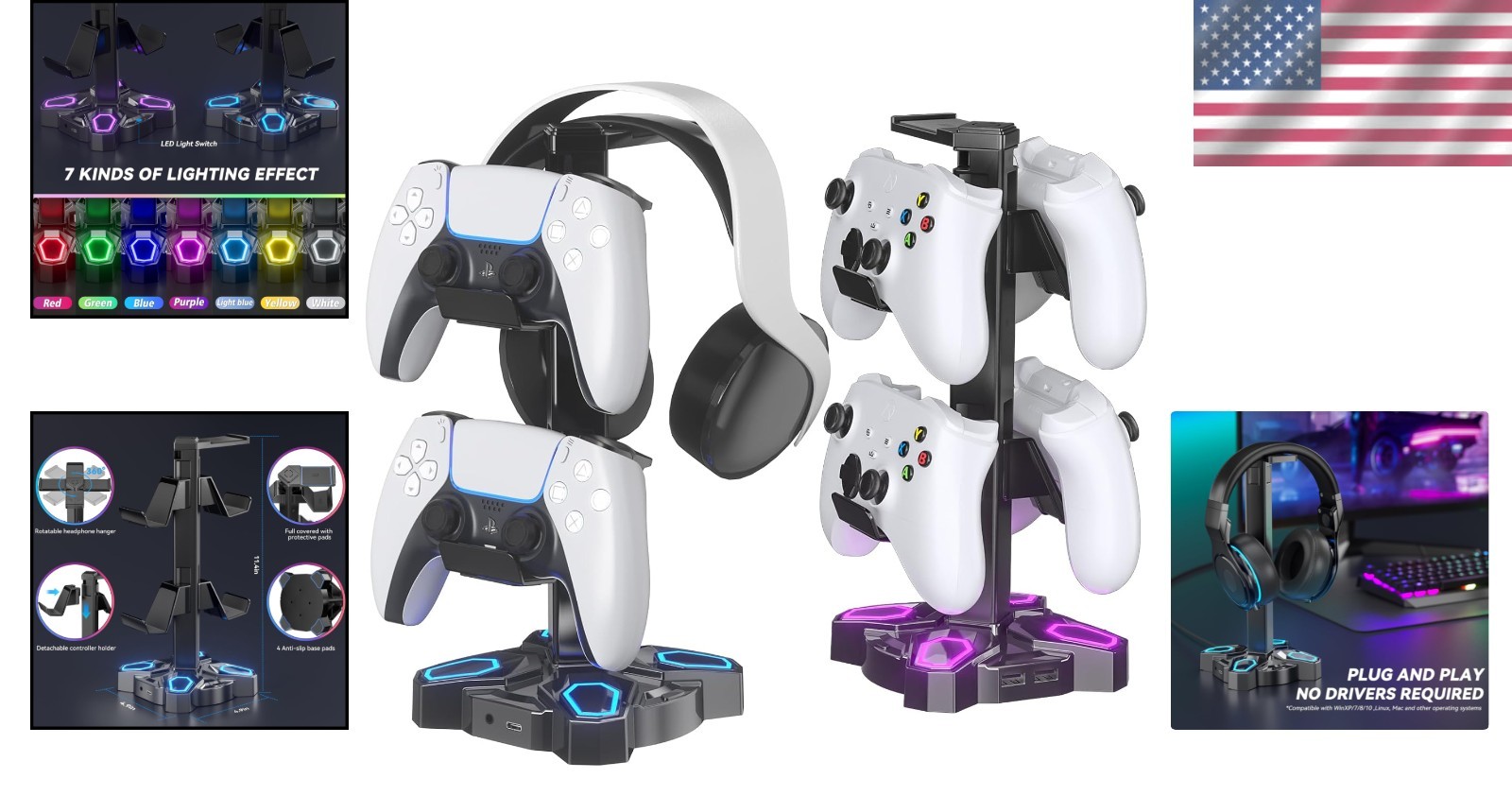 Stylish Rotating Gaming Headphone & Controller Holder with RGB Lights – Black