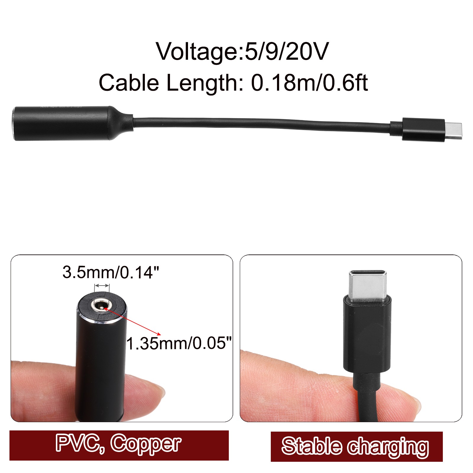 0.6FT USB C to DC PD Power Fast Charging Cable, 3.5×1.35mm 65W/5V/9V/20V(Black)