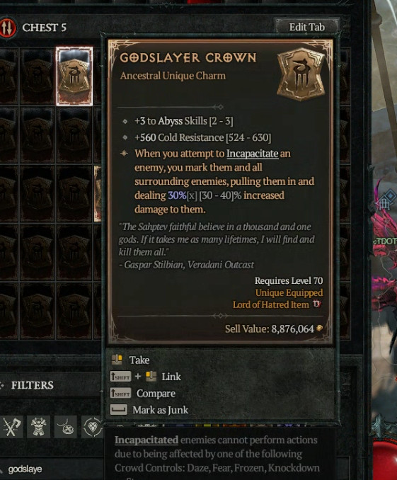 Diablo 4 🔥 Lord Of Hatred S13. Unique Godslayer Charm – Softcore Seasonal