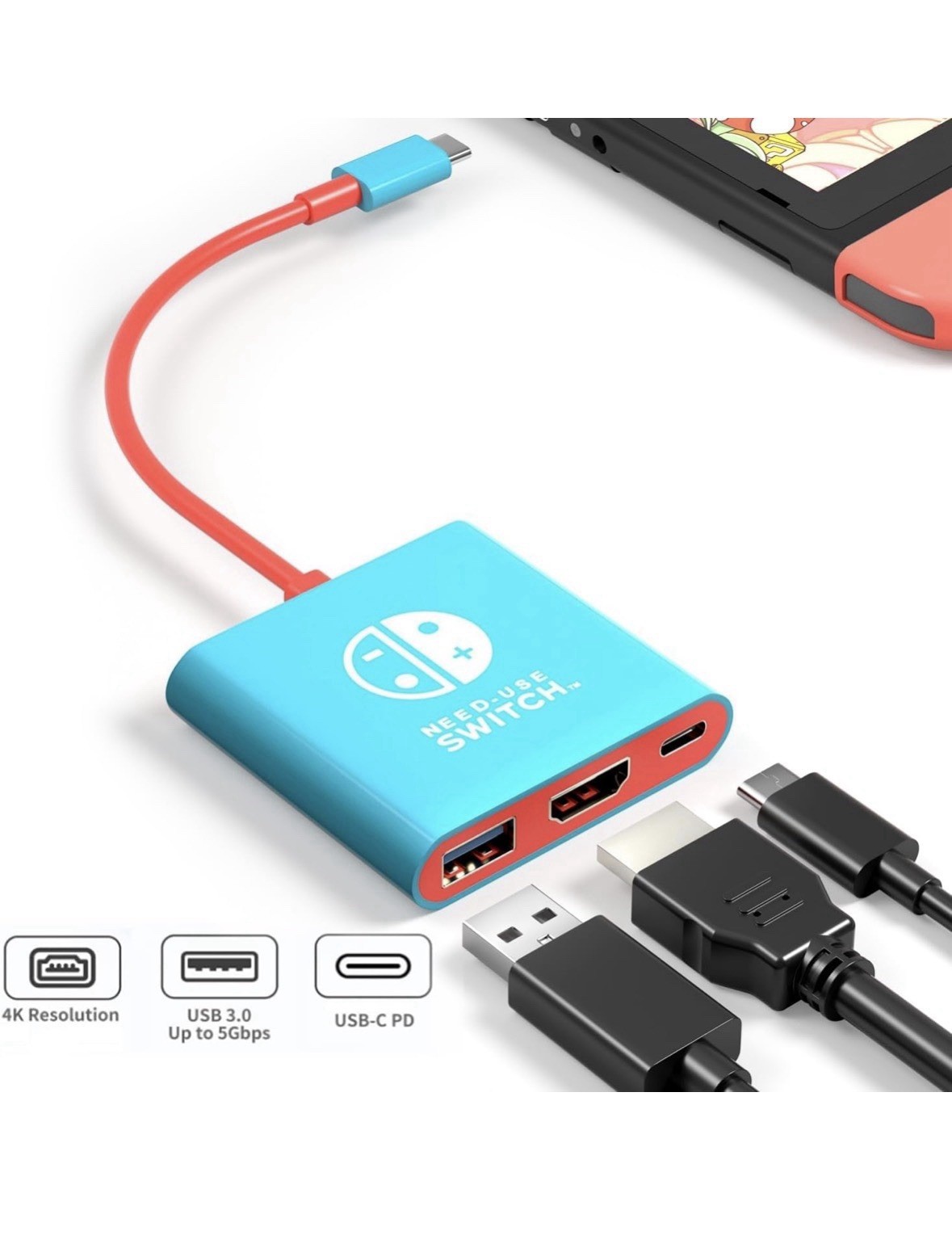 Nintendo Switch Type-C Hub NEW SEALED Portable Dock Adapter 4k Blue Red 3 Ports