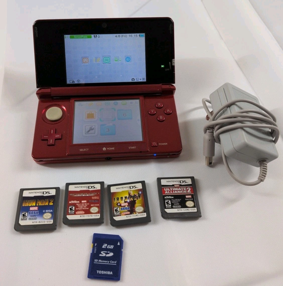Nintendo 3DS Flame Red Handheld Console System CTR-001 & 4 Super Hero Game Lot
