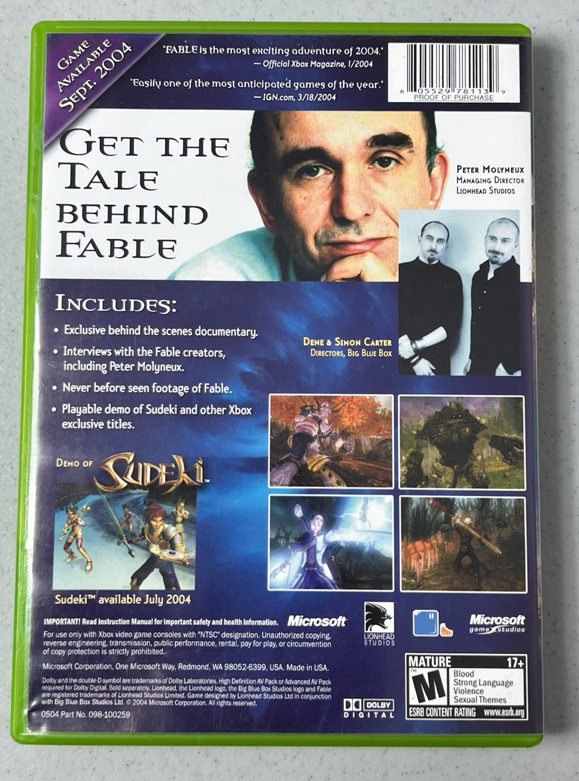 FABLE: Limited Edition Bonus DVD 2004 Microsoft Xbox COMPLETE – VG Condition