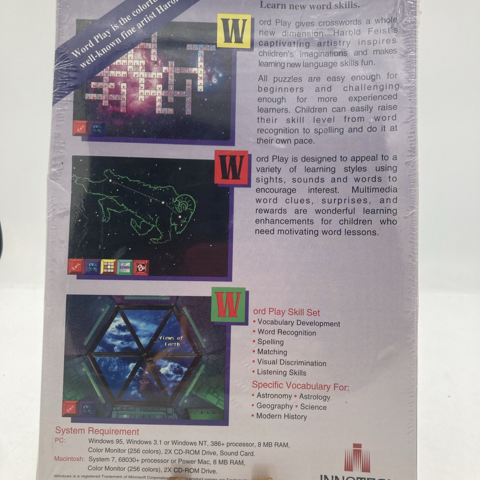 Word Play Space Windows PC Mac Game CD Rom Crossword Innotech Harold Feists