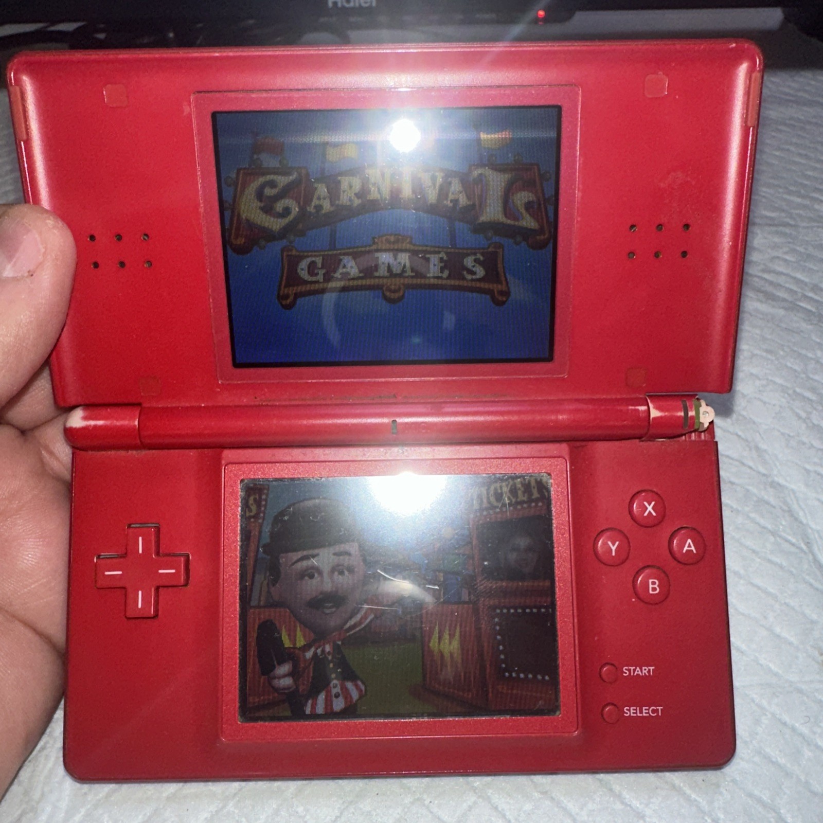 Nintendo DS Lite Mario Edition Console w/ Charger & GBA WORKS! BAD HINGE!