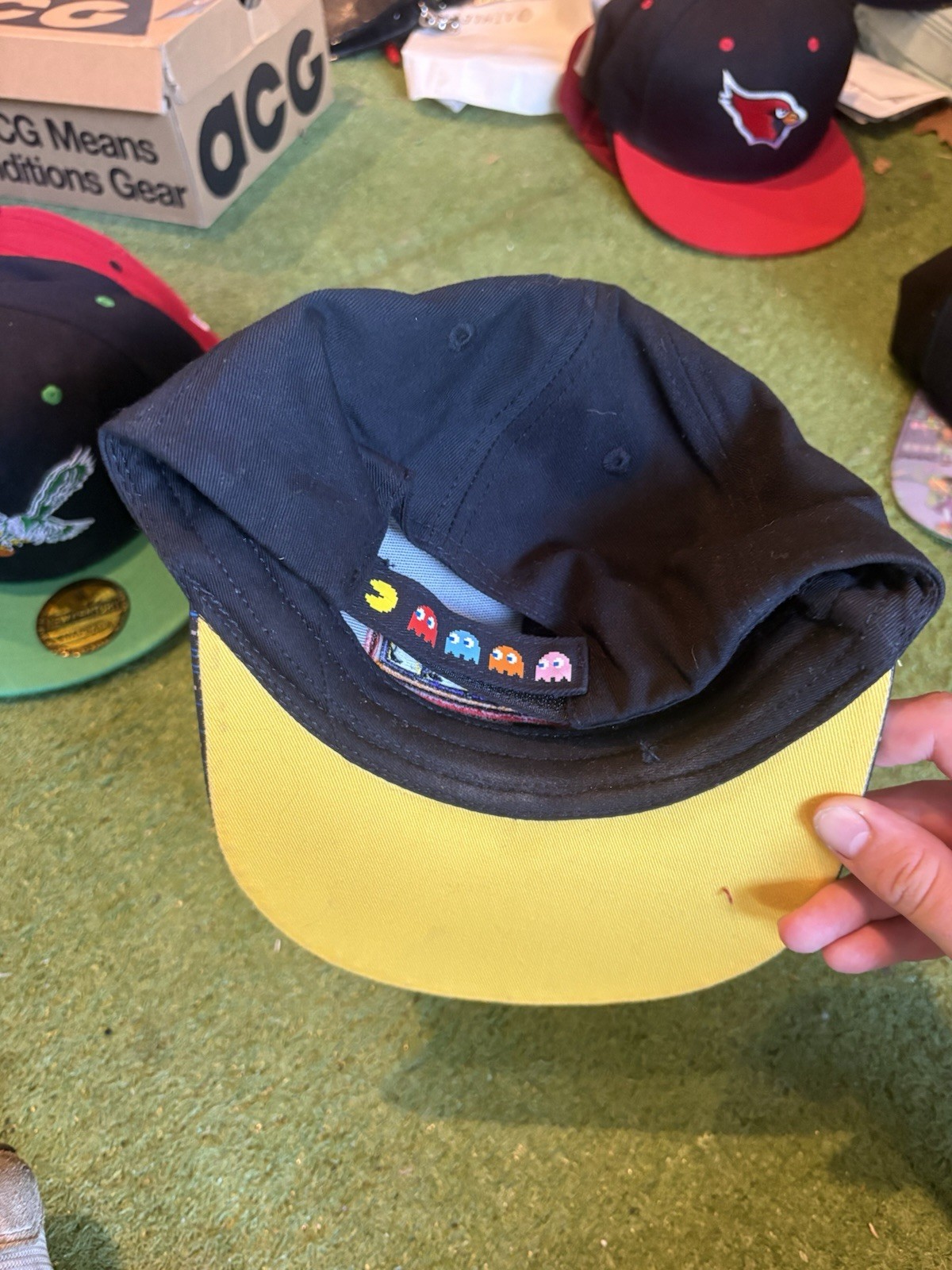 Pac-Man Adjustable Snapback Hat Black & Yellow Arcade Maze Print Brim