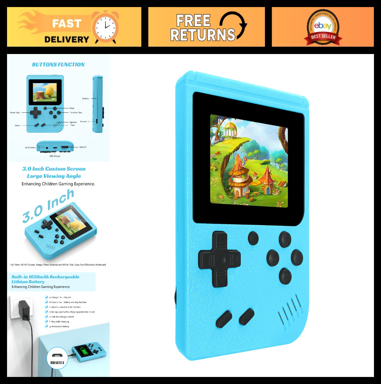 Portable Mini Retro Handheld Game Console – 400 Built-in Games, 3″ IPS Screen, R