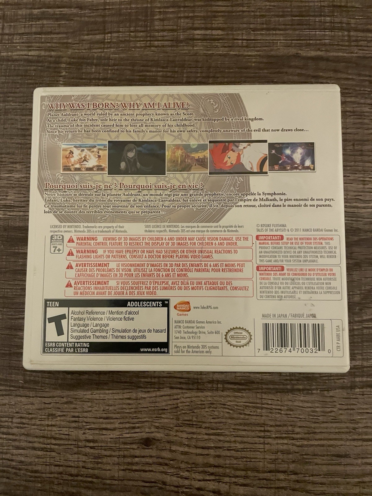 Nintendo Tales of the Abyss Nintendo 3DS T-Teen NTSC-U/C w/ Case & Manual Namco