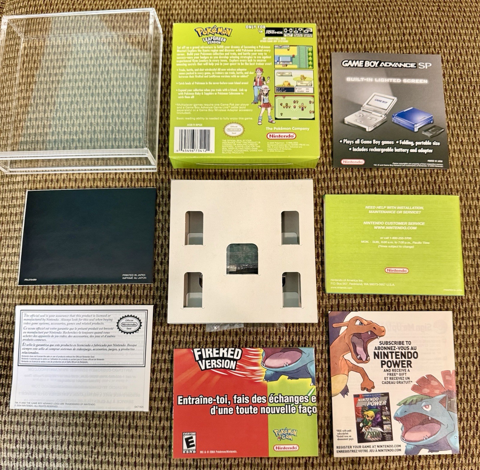 Pokemon Leaf Green CIB Nintendo Gameboy Advance GBA COMPLETE Adapter Box Game