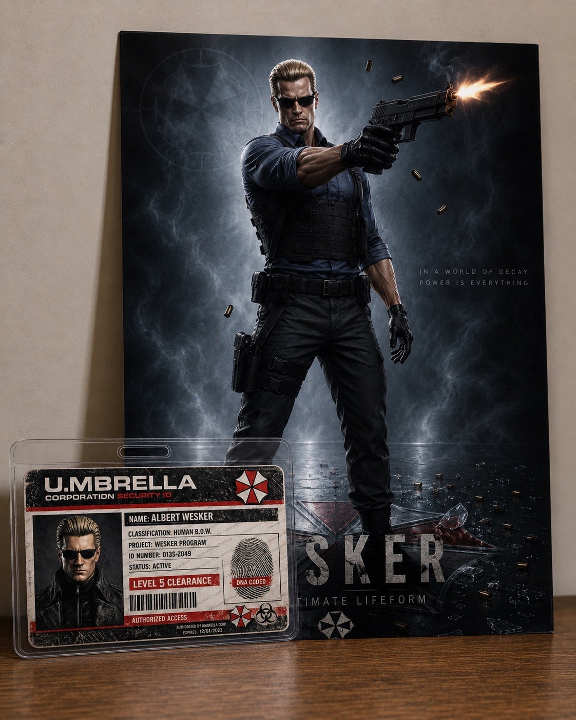 5×7 Resident Evil Albert Wesker Photo Sticker on Glossy Vinyl & Umbrella ID Card