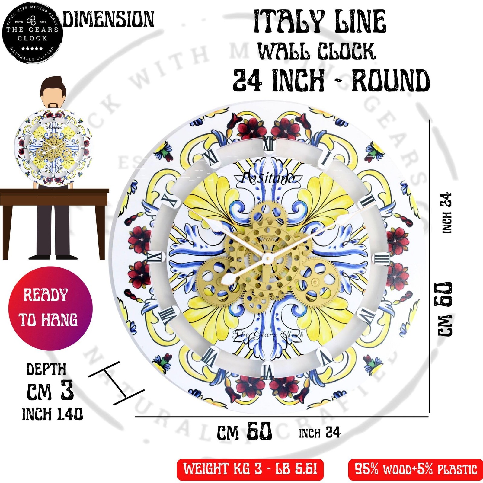 ImprovingLife The Gears Clock Wall Italy 24 inch Round, Furore