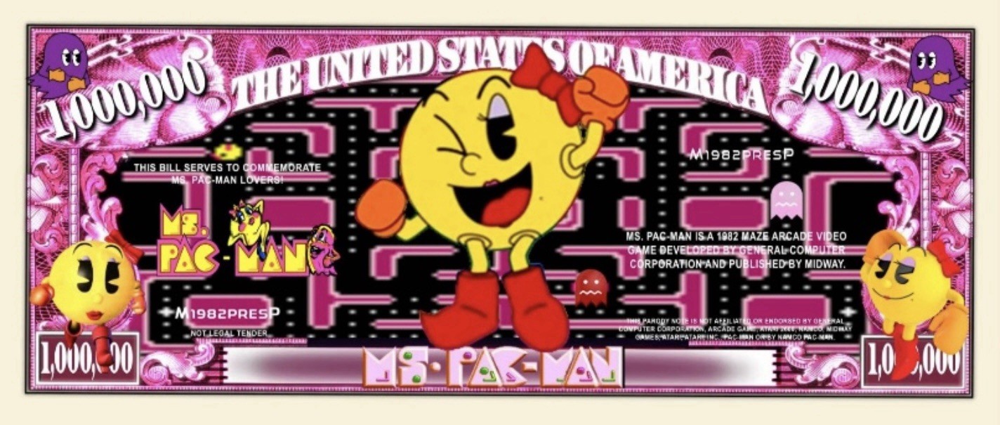40 Pack Miss Pacman Video Game Money Collectible Novelty 1 Million Dollar Bills
