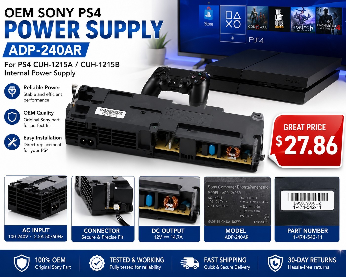 Power Supply ADP-240AR for Sony PlayStation 4 AC Adapter Brick Internal