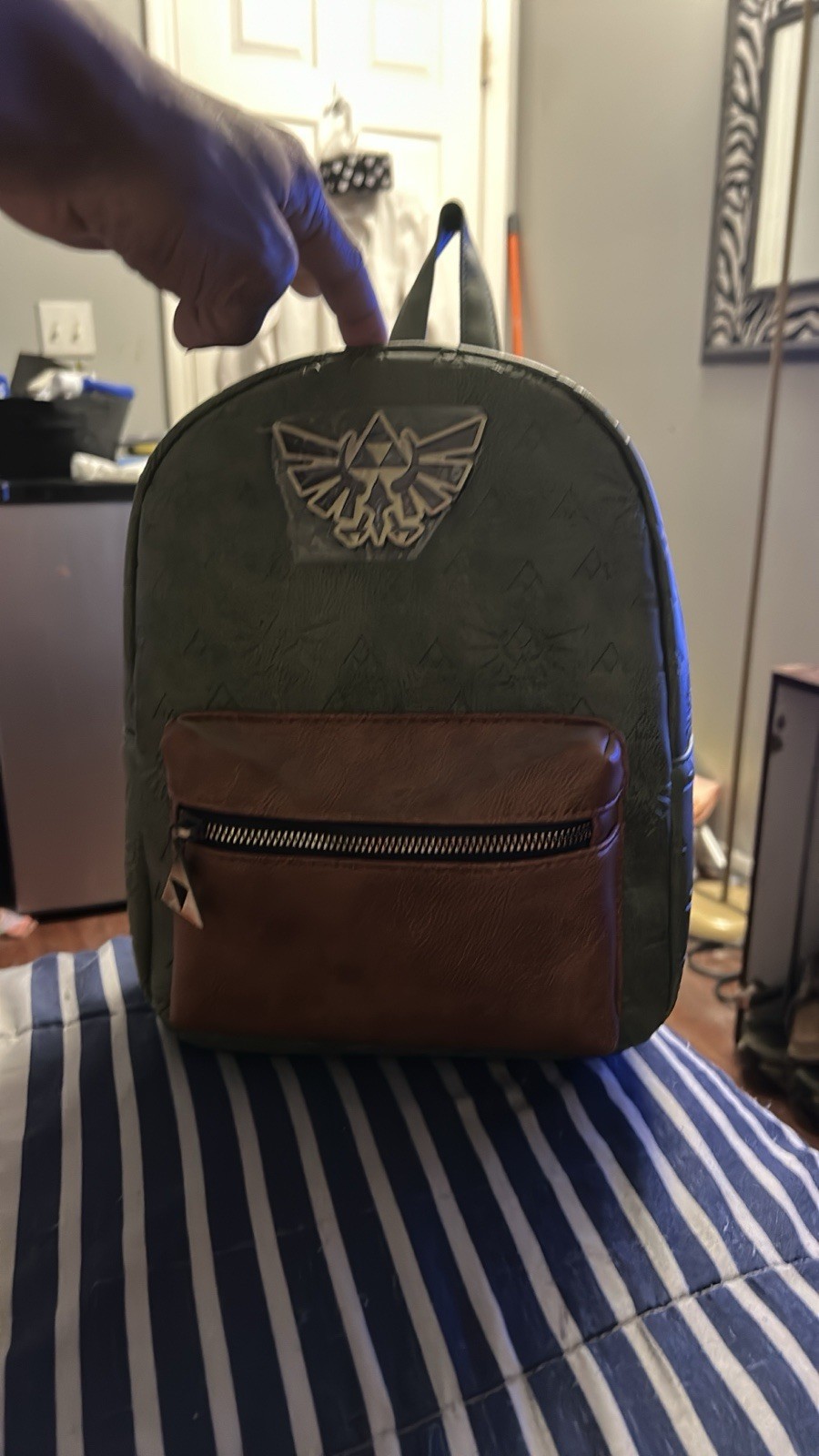 Nintendo Switch Green Brown Synthetic Leather Backpack Triforce Logo