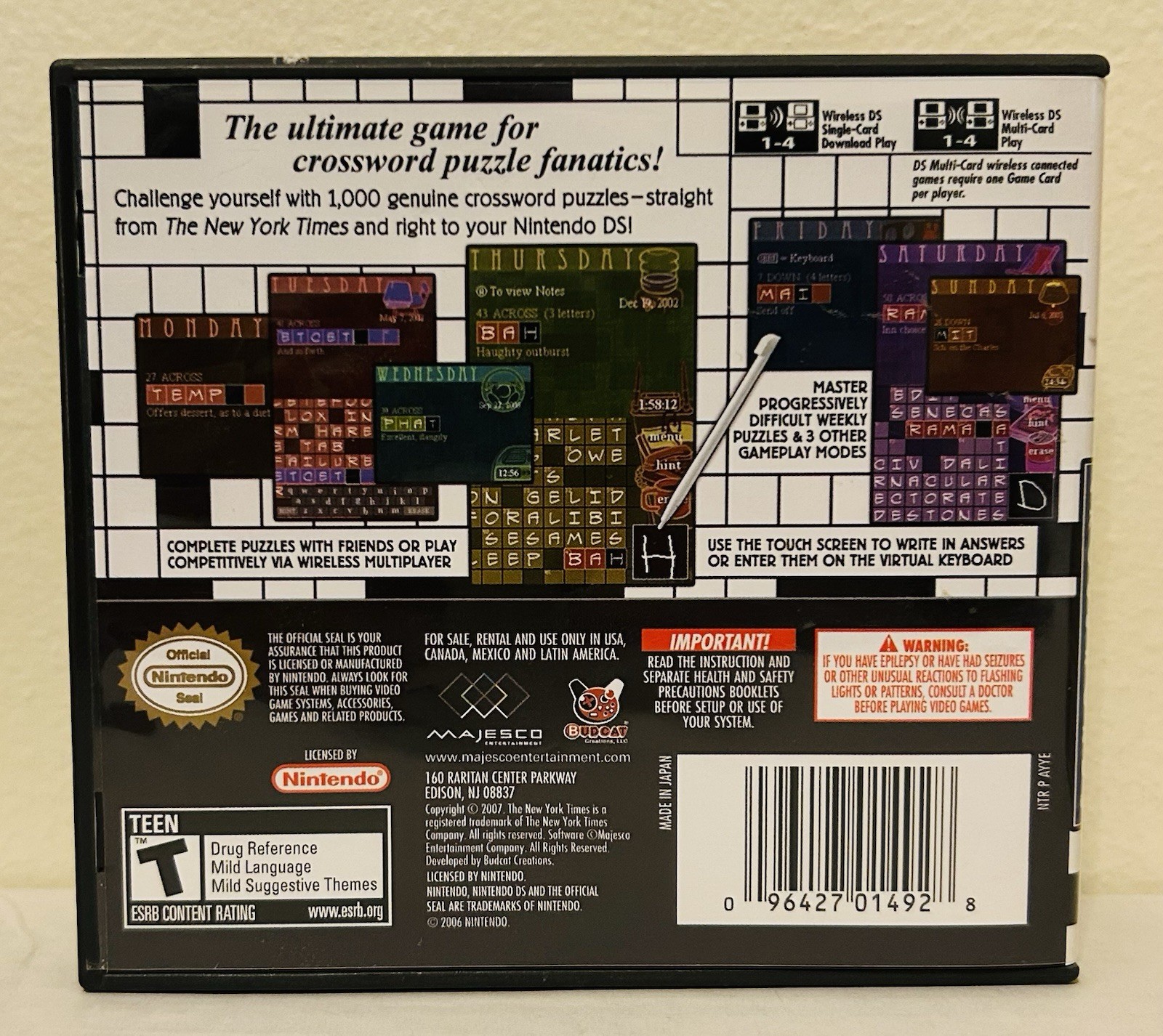 New York Times Crosswords (Nintendo DS, 2007) COMPLETE & Tested