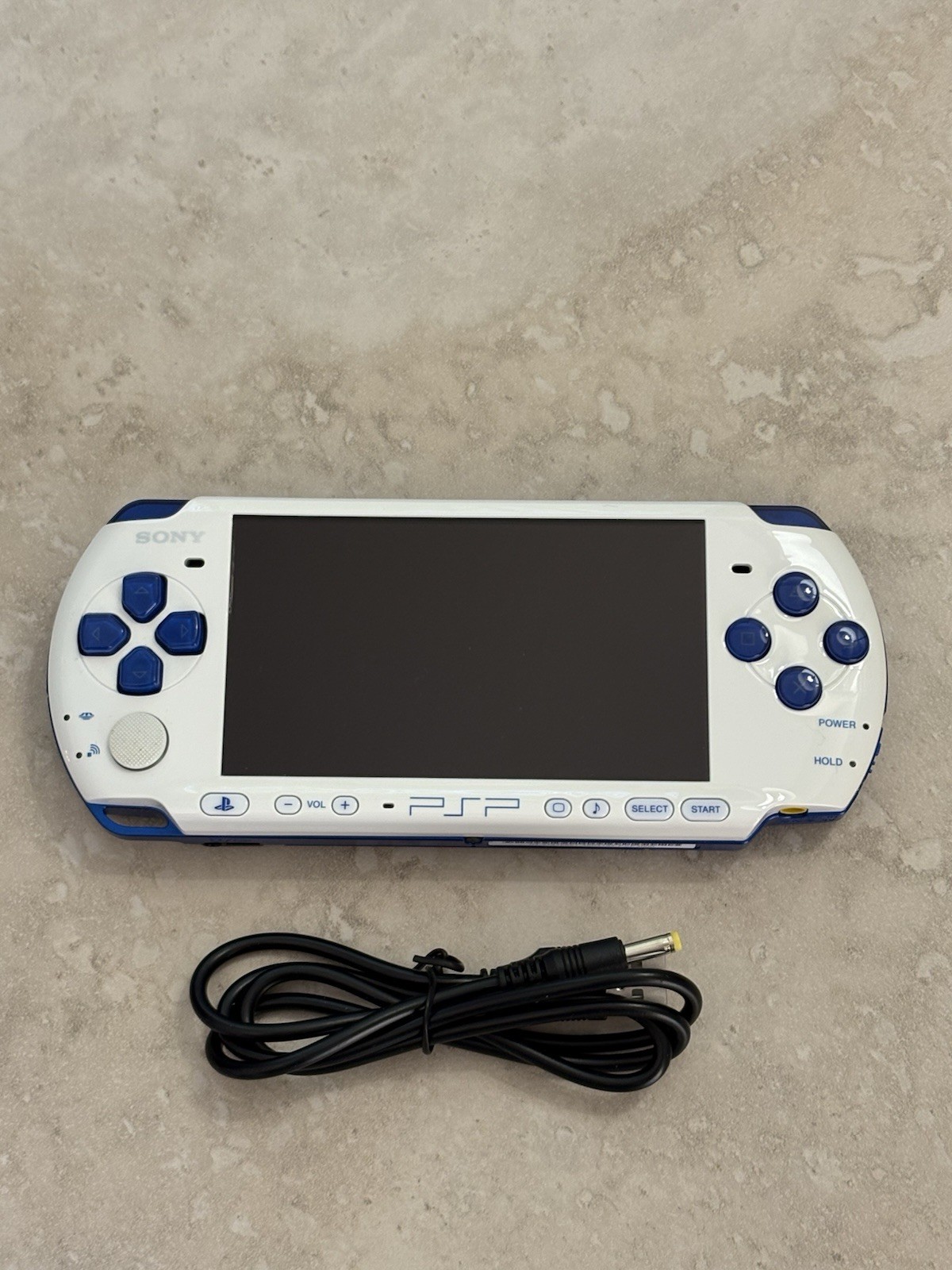 White & Blue Sony PSP 3000 System w Charger, And New Battery Bundle Excellent