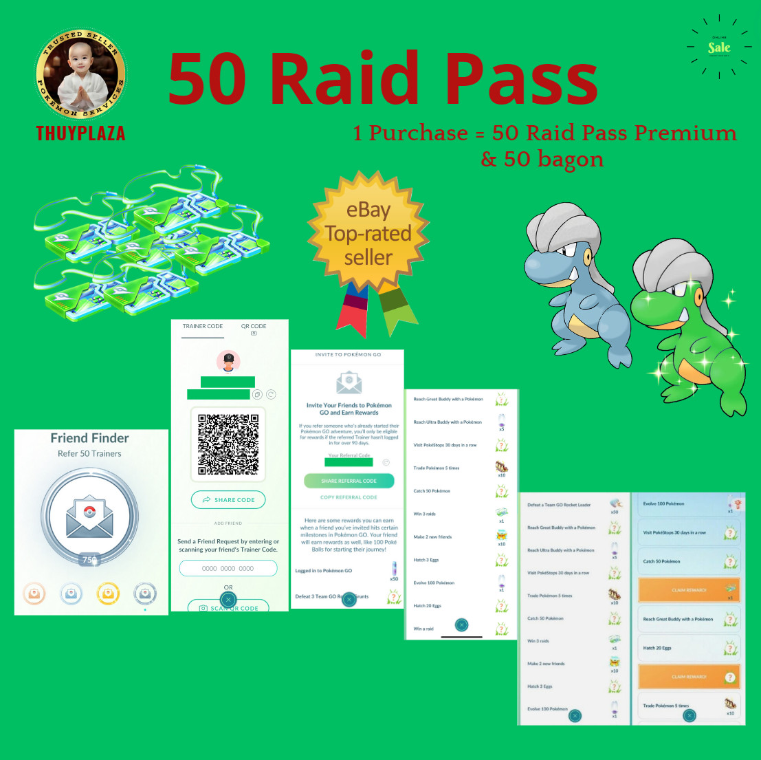 Pokémon Go – 50 Raid Pass + 50 Bagon + Friend Finder Plantinum – SALE SALE