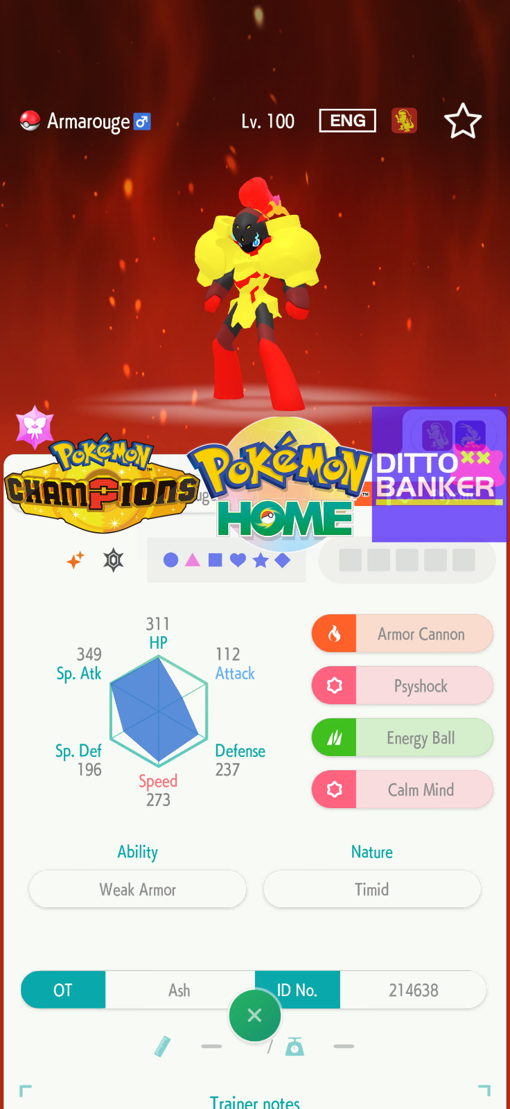 Pokemon Champions/Home Shiny ARMAROUGE Transfér to HOME Lv.100 Competitive 6IV
