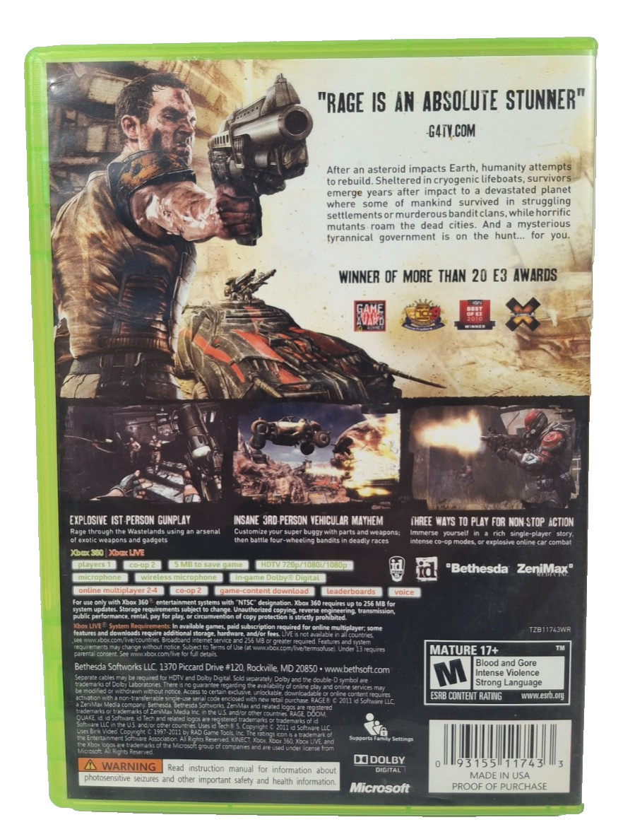 Rage Xbox 360 Video Game Complete Tested and Works Great