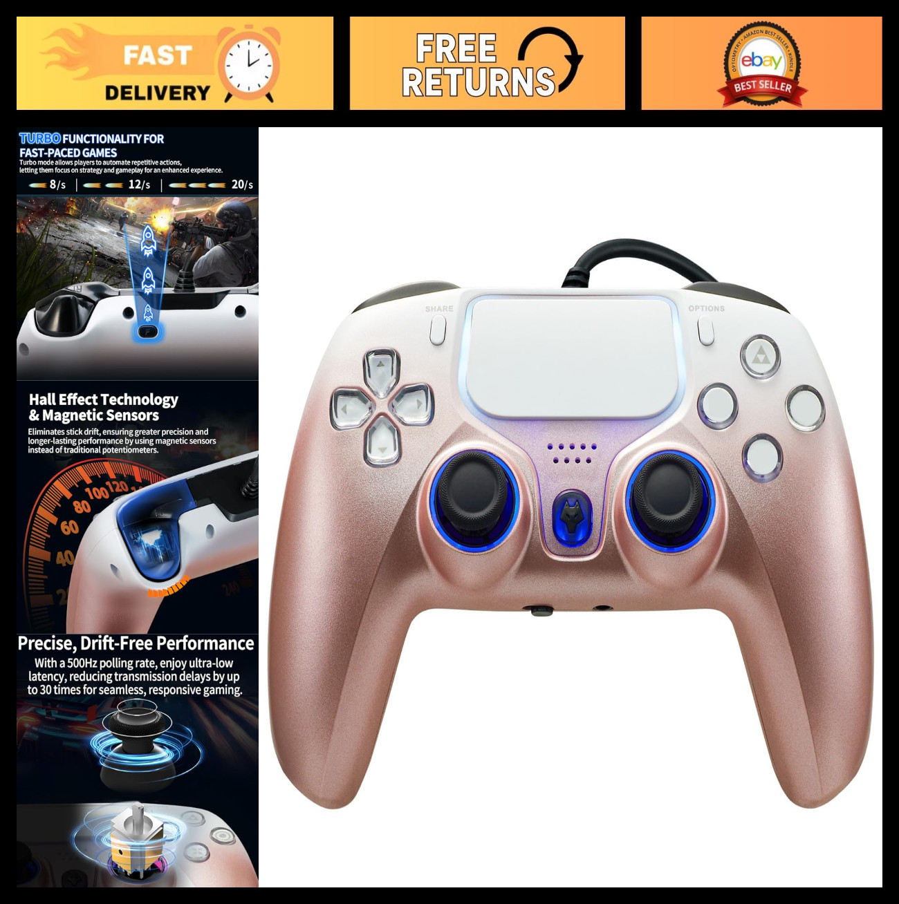 Wired PS5 Controller with Turbo, Hall-Effect Triggers, Dual Vibration, 10ft Cabl